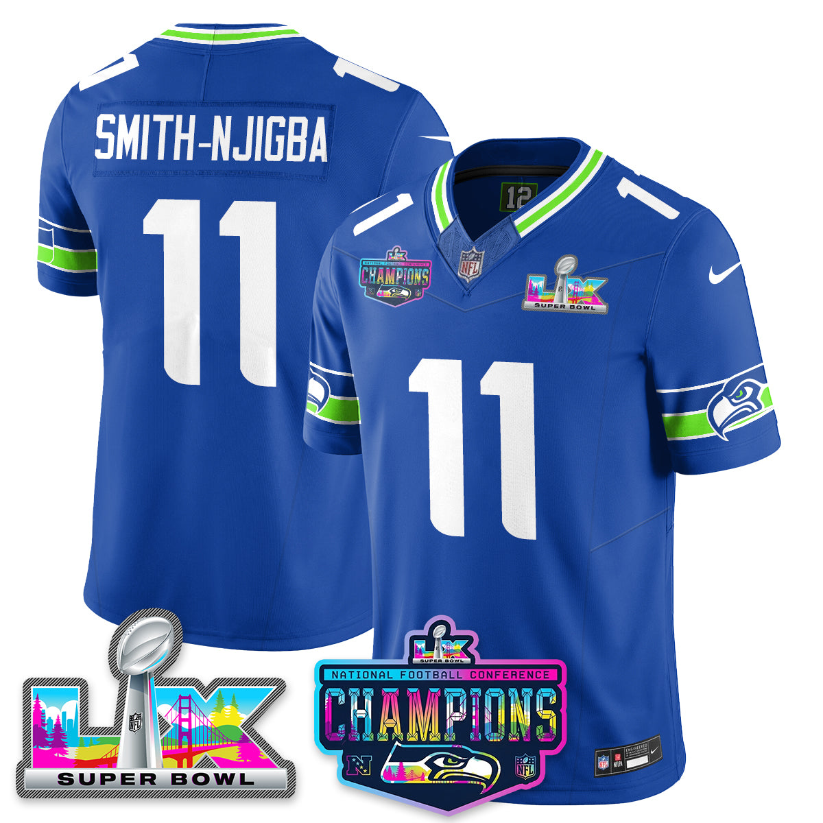 Jaxon Smith-Njigba - 11 Seattle Seahawks 2025 Vapor Limited Royal Jersey - NFC Champions Limited Patch - All Stitched