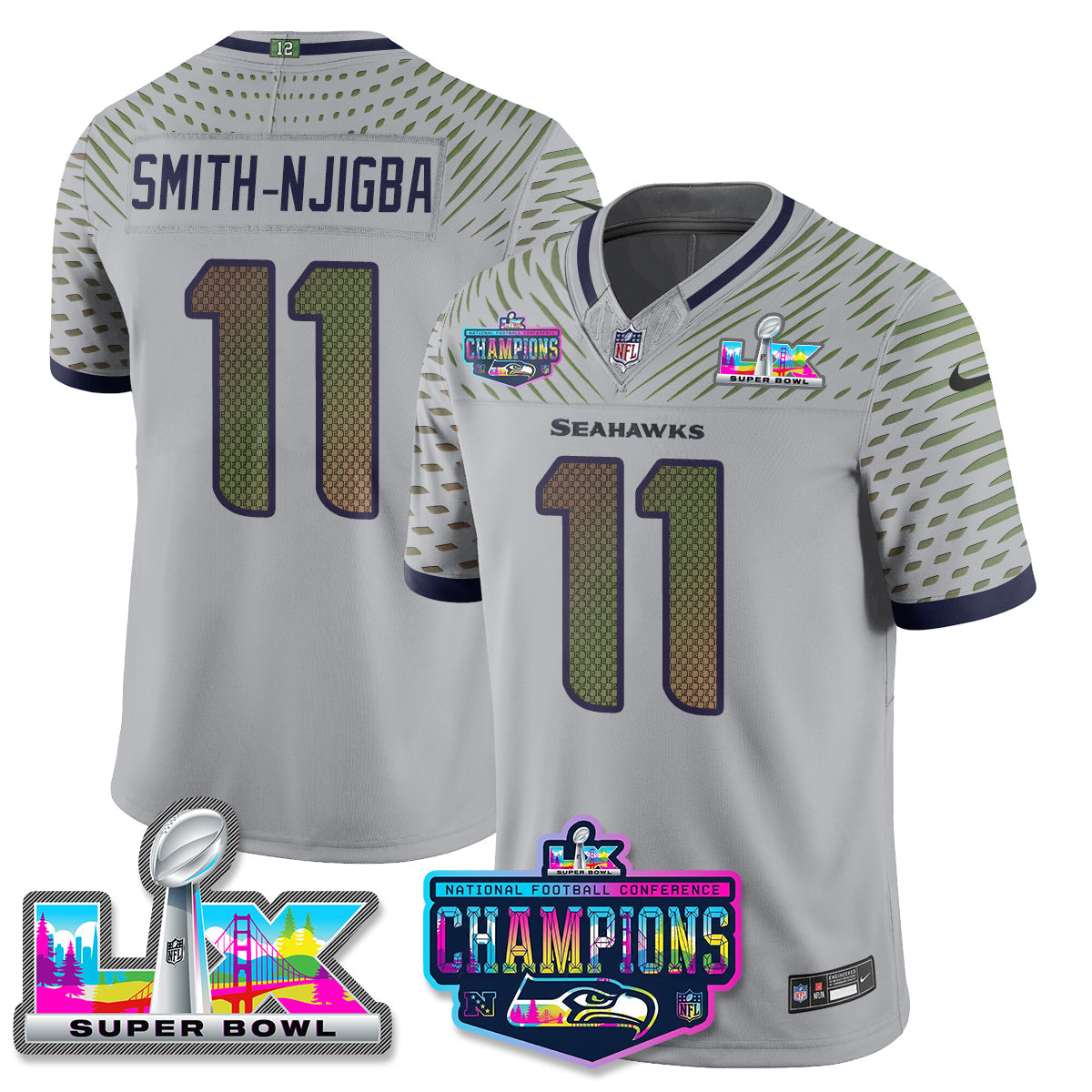 Jaxon Smith-Njigba - 11 Seattle Seahawks 2025 Vapor Limited Wolf Gray Jersey - NFC Champions Limited Patch - All Stitched