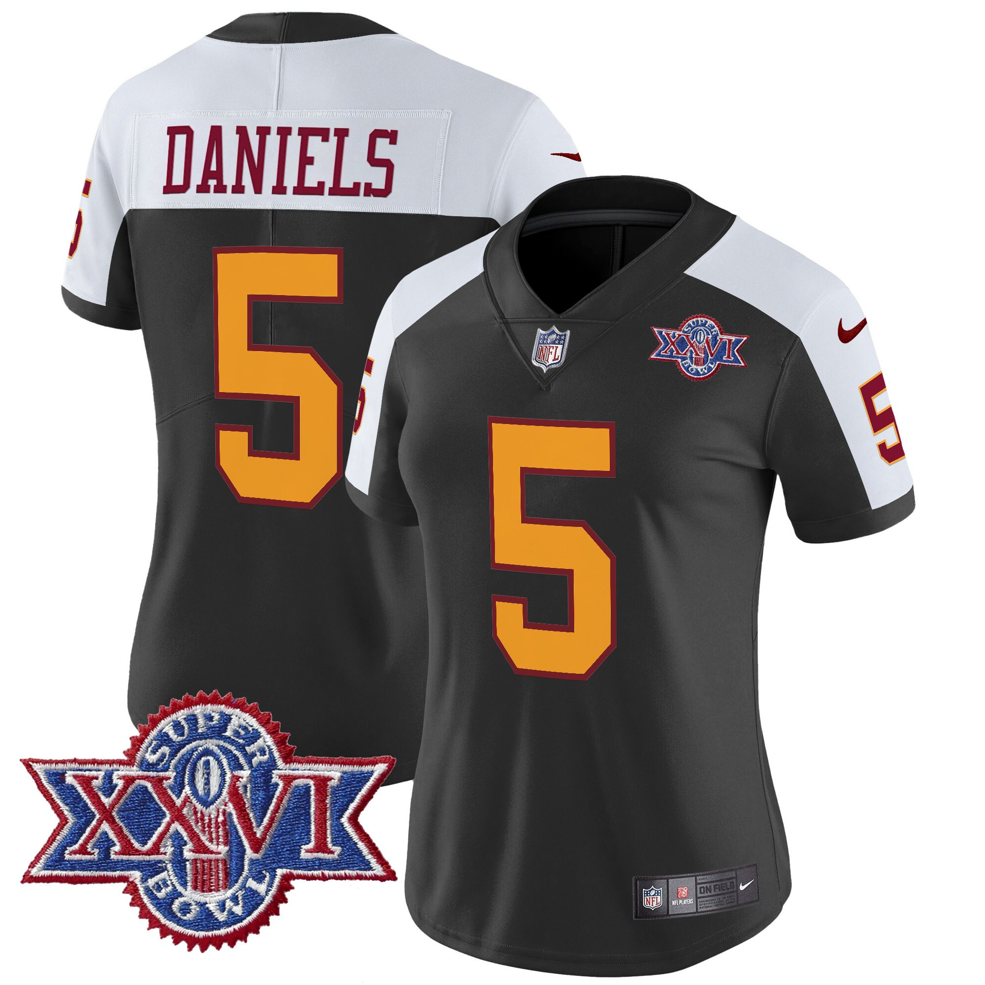 Jayden Daniels Women's Washington Commanders Throwback 1992 Super Bowl XXVI Patch Vapor Limited Black Alternate Jersey - All Stitched