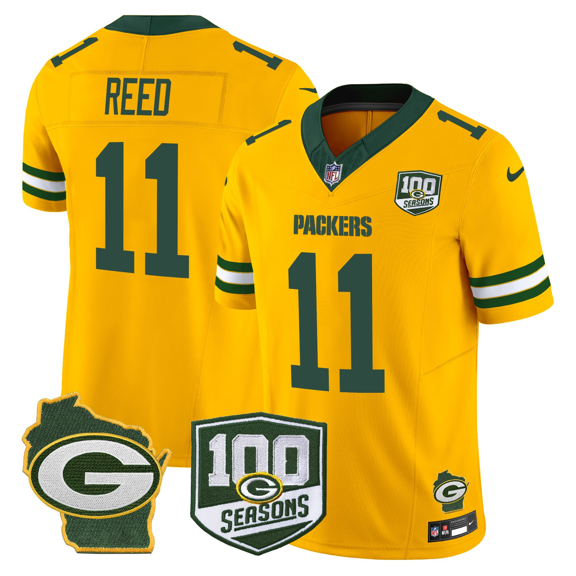 Jayden Reed Men's Green Bay Packers 100th Season & Home Patch Vapor Limited Gold Jersey - All Stitched