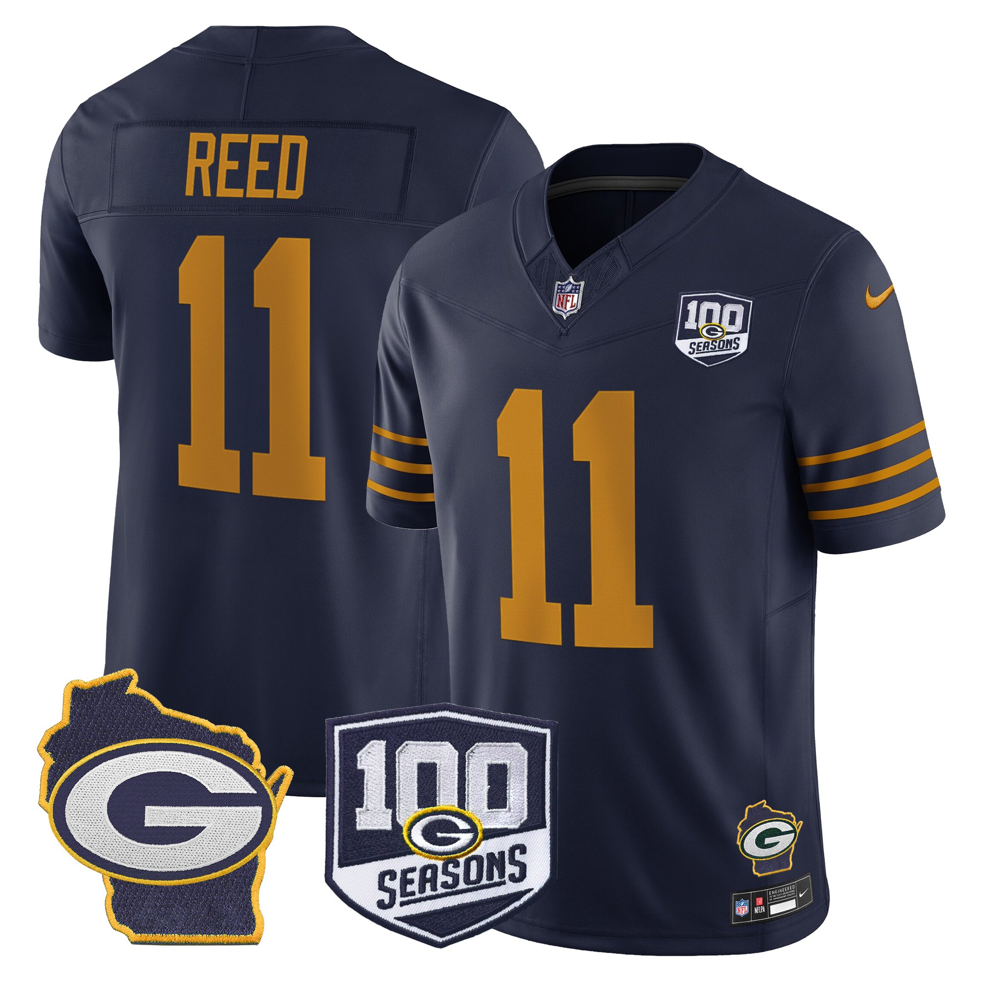 Jayden Reed Men's Green Bay Packers 100th Season & Home Patch Vapor Limited Navy Jersey - All Stitched