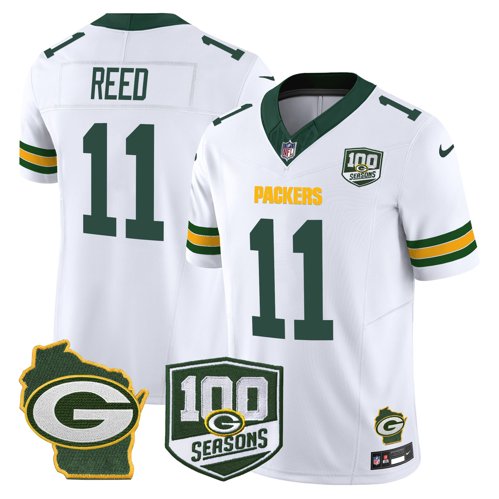 Jayden Reed Men's Green Bay Packers 100th Season & Home Patch Vapor Limited White Jersey - All Stitched