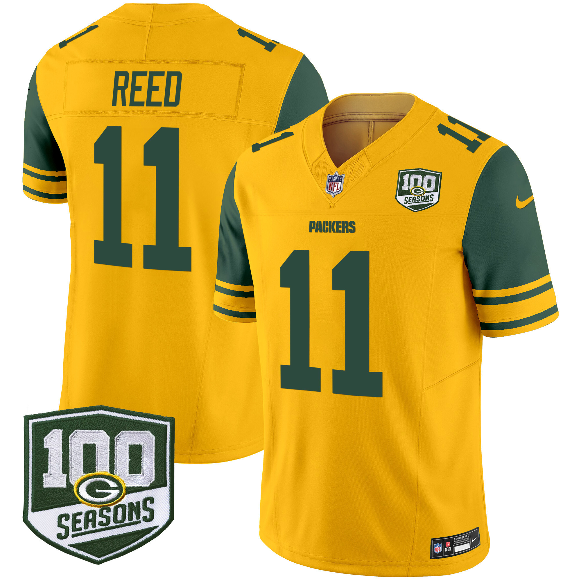 Jayden Reed Men's Green Bay Packers Throwback 100th Season Patch Vapor Limited Gold Jersey - All Stitched