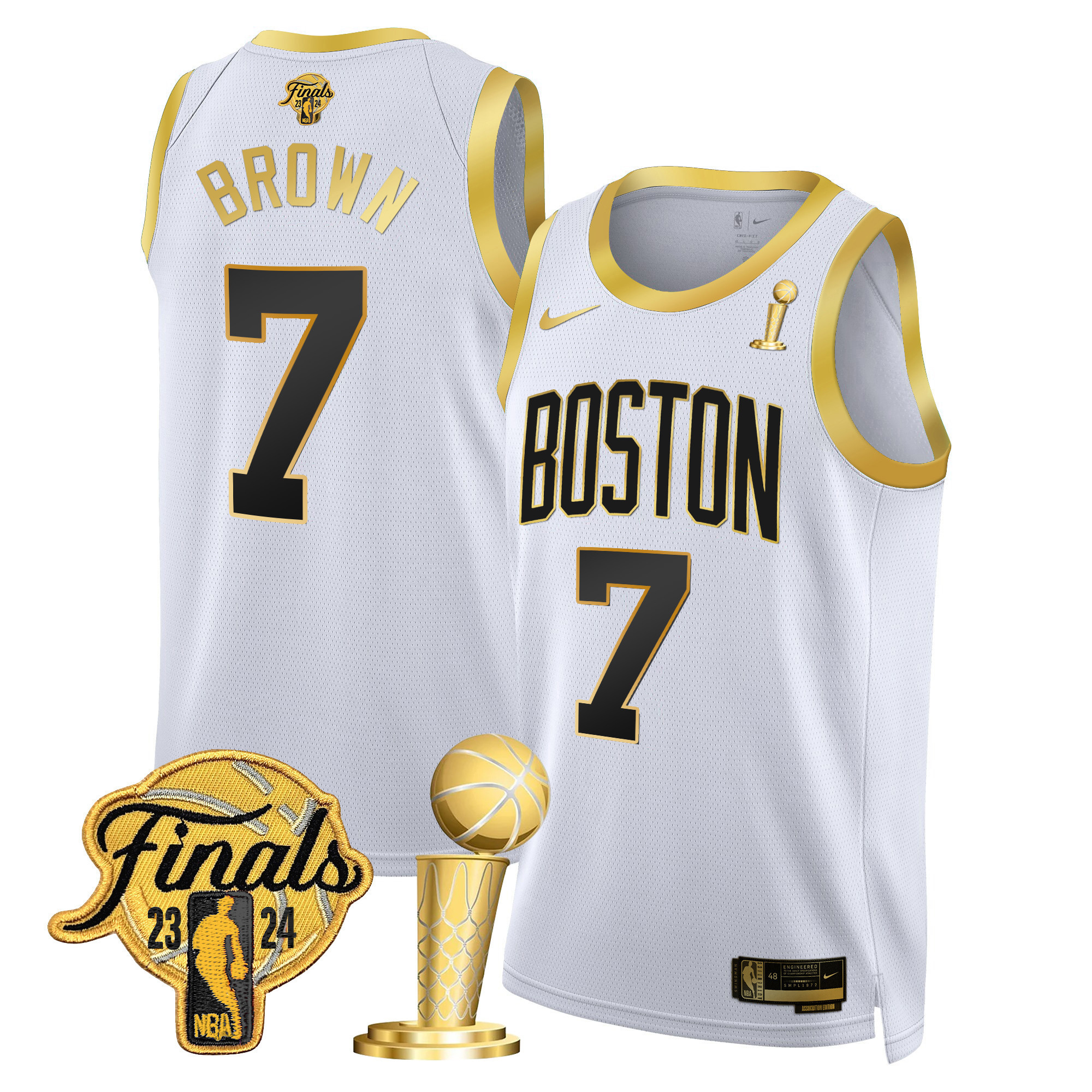 Jaylen Brown Men's Boston Celtics 2024 Final & Champions Patch Swingman White Gold Jersey - All Stitched