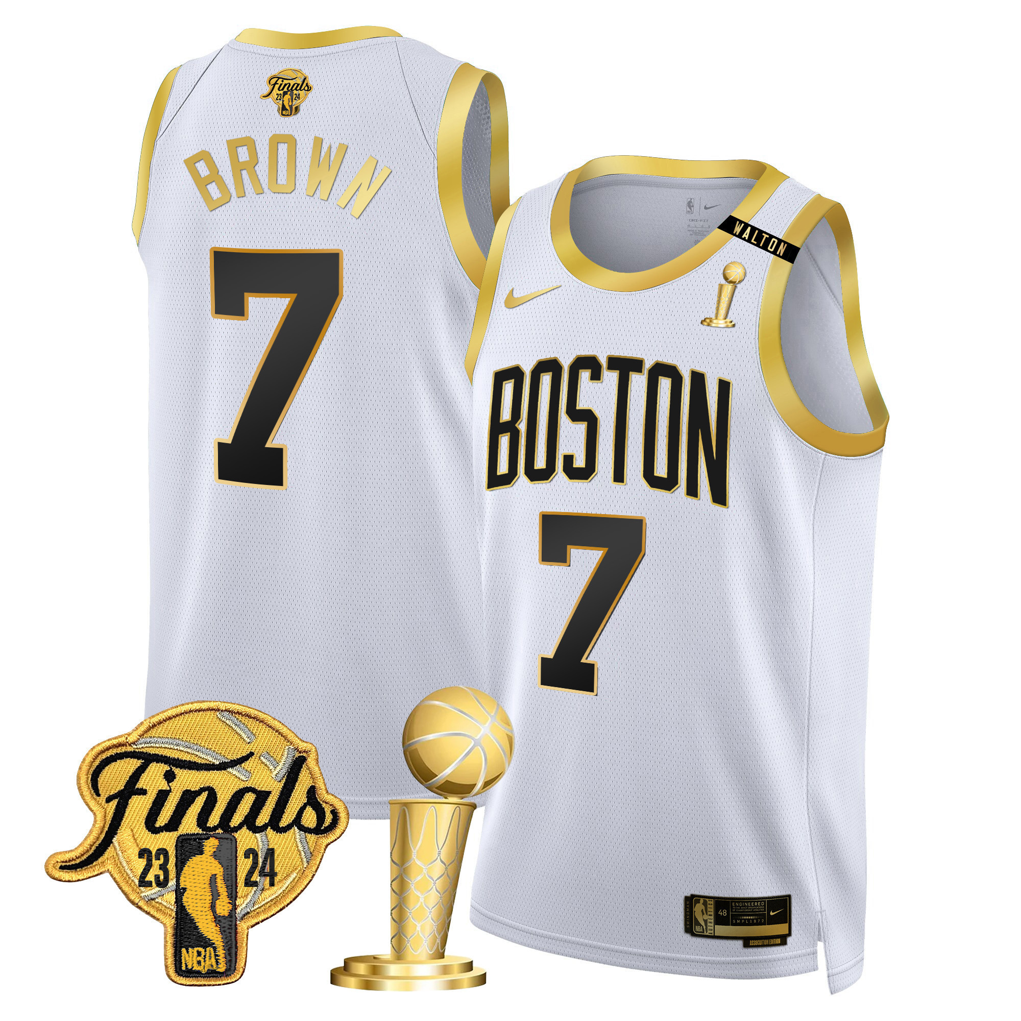 Jaylen Brown Men's Boston Celtics 2024 Final & Champions Patch Swingman White Gold Jersey V2 - All Stitched