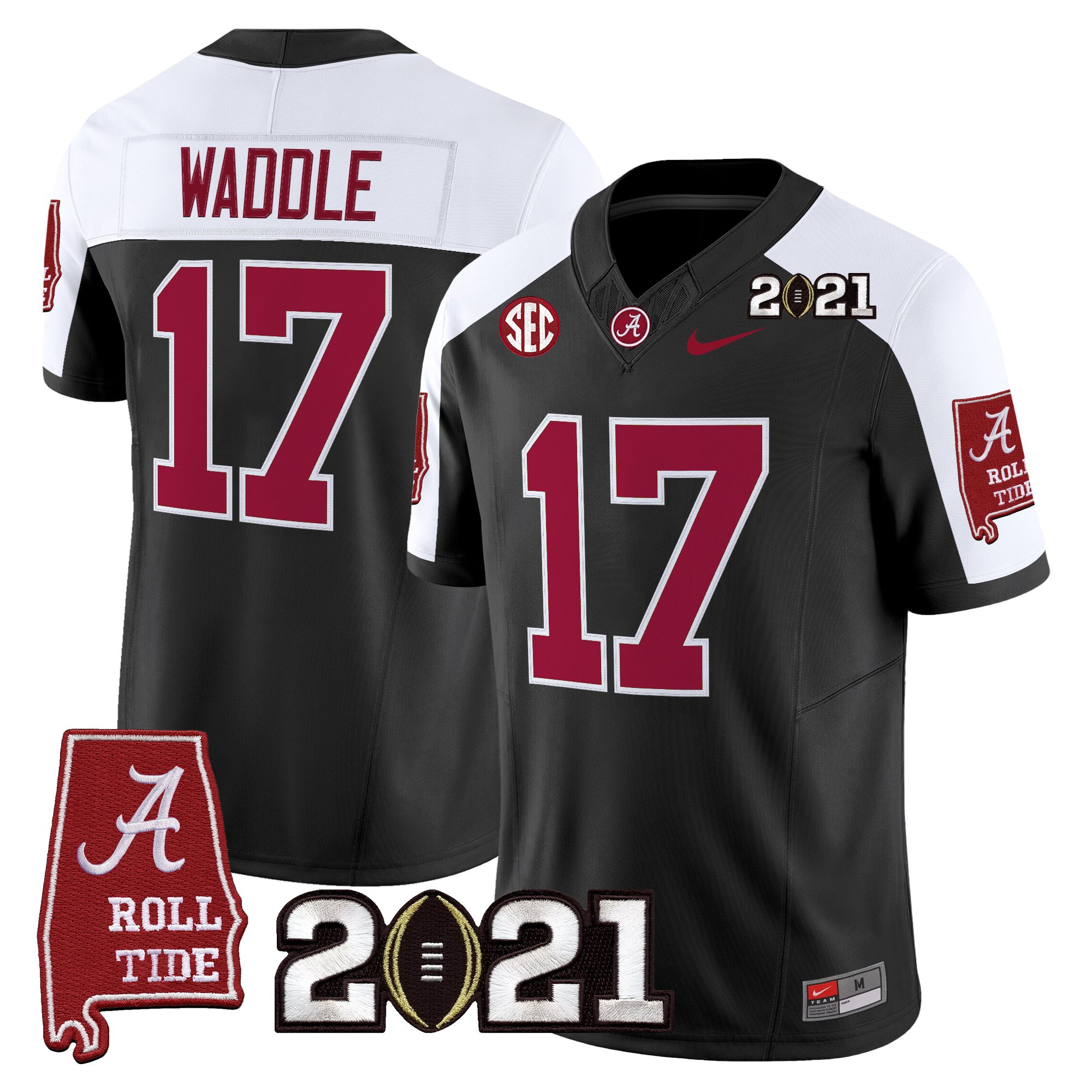 Jaylen Waddle Men's Alabama Crimson Tide 2021 CFP National Championship Vapor Limited Black Alternate Jersey - Alabama Map - All Stitched