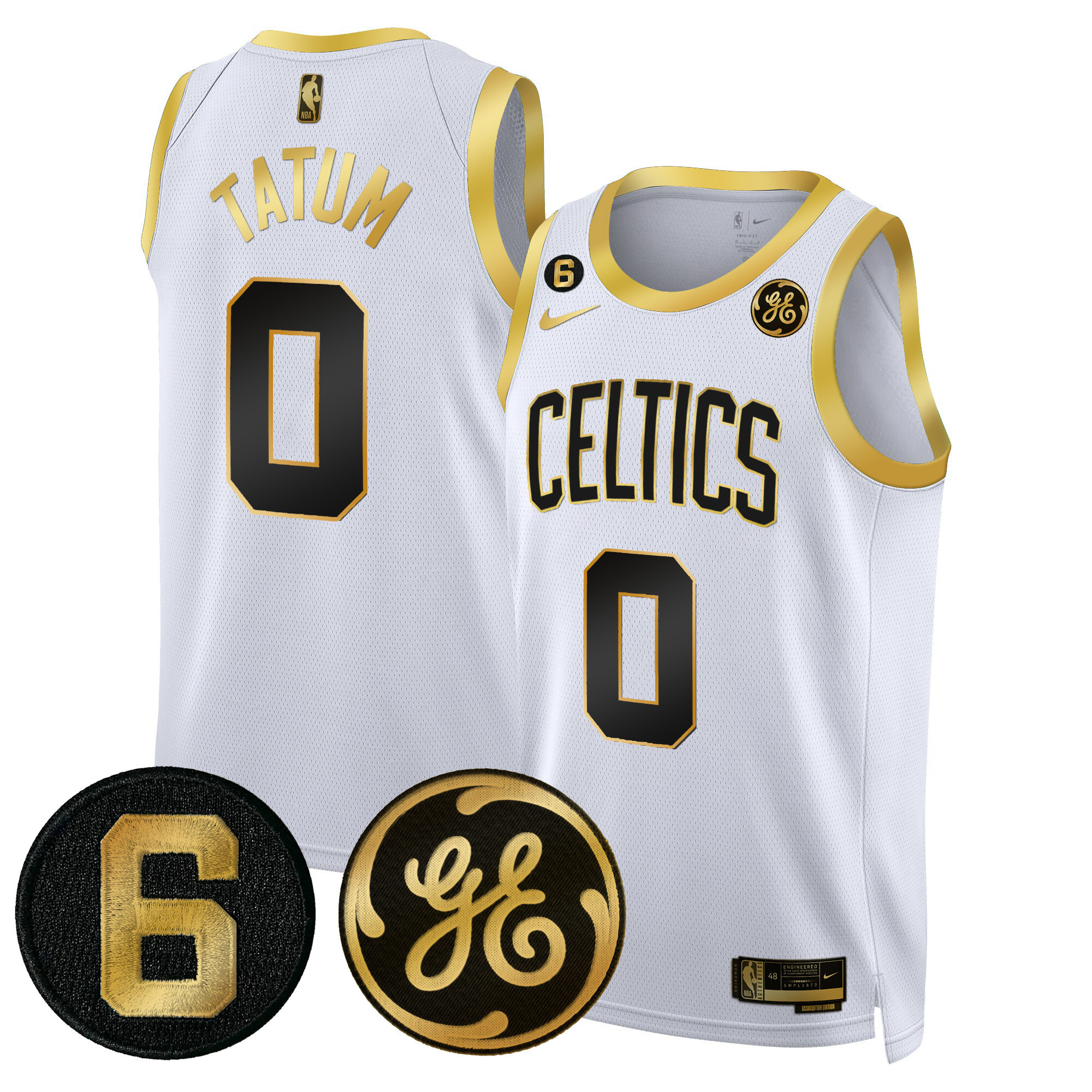 Jayson Tatum Men's Boston Celtics Bill Russell & John Havlicek Patch White Gold Jersey - All Stitched
