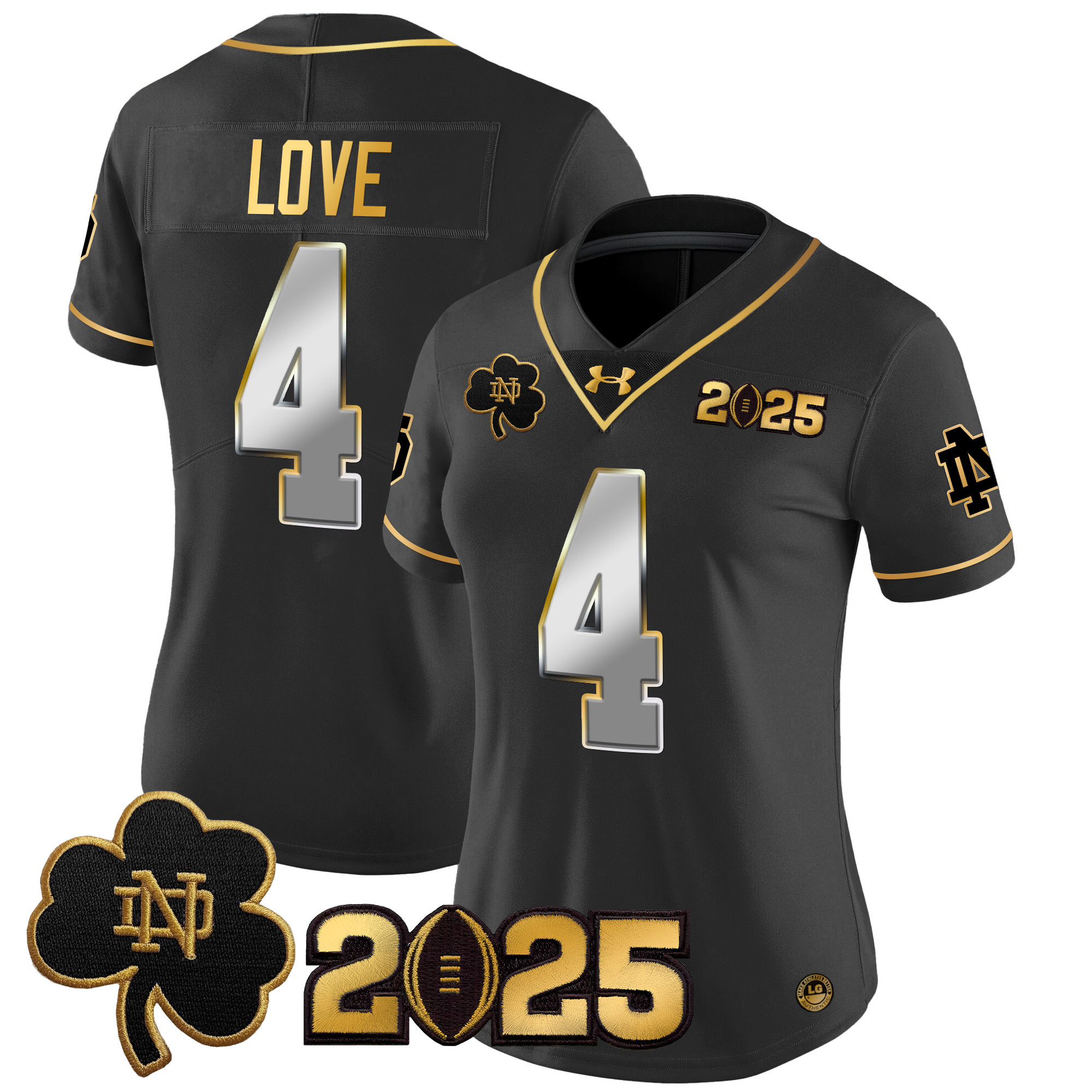 Jeremiyah Love Women's Notre Dame Fighting Irish 2025 CFP Final Patch Gold Vapor Limited Black Limited Jersey - All Stitched