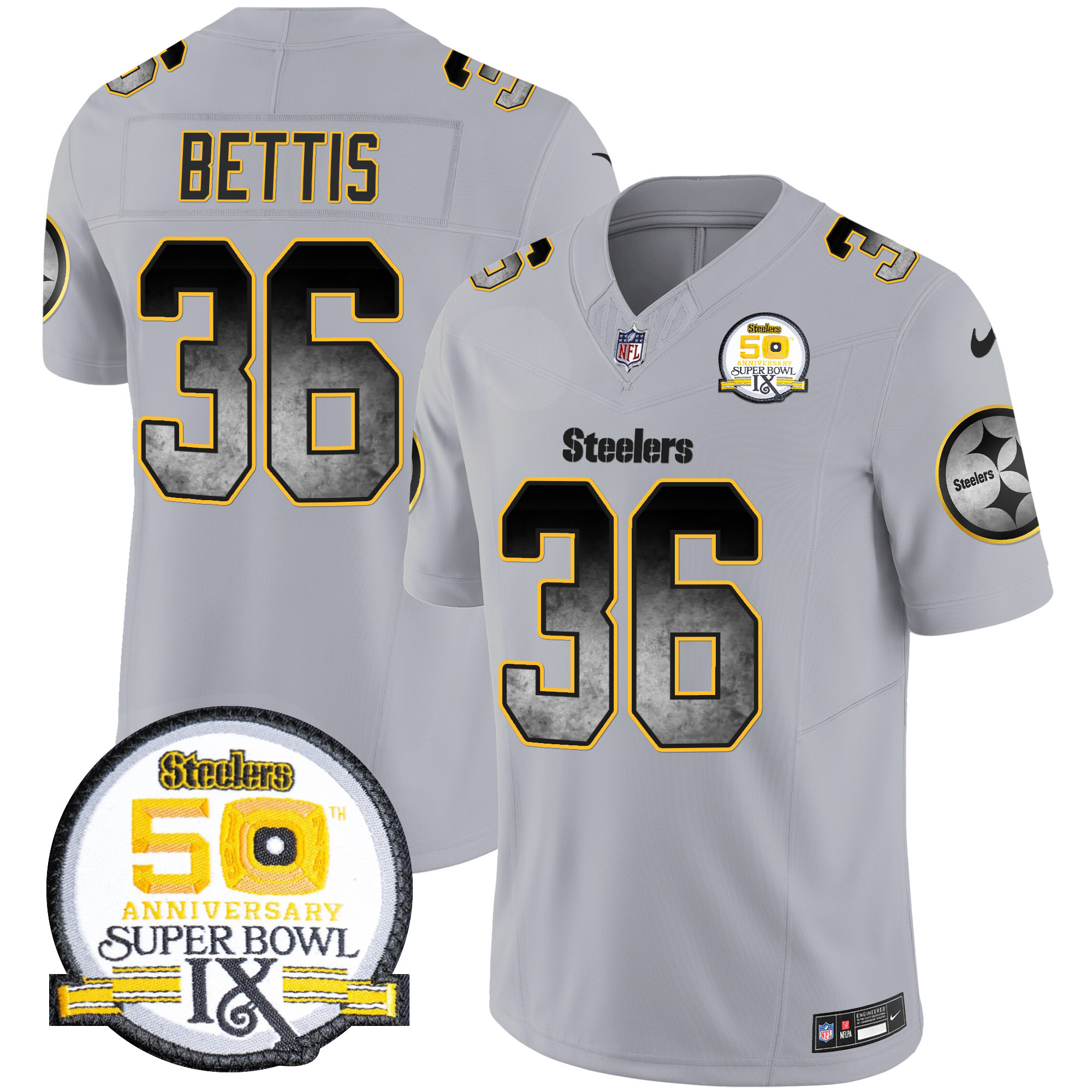 Jerome Bettis Men's Pittsburgh Steelers Arch Smoke 50th Anniversary Of Super Bowl IX Patch Vapor Limited Gray Jersey - All Stitched
