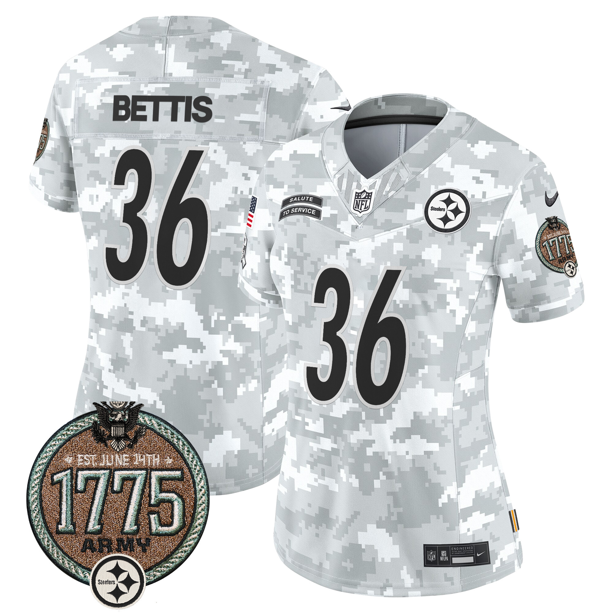 Jerome Bettis Women's Pittsburgh Steelers 2024 Salute to Service Establishment Year Patch Vapor Limited Army Jersey - All Stitched