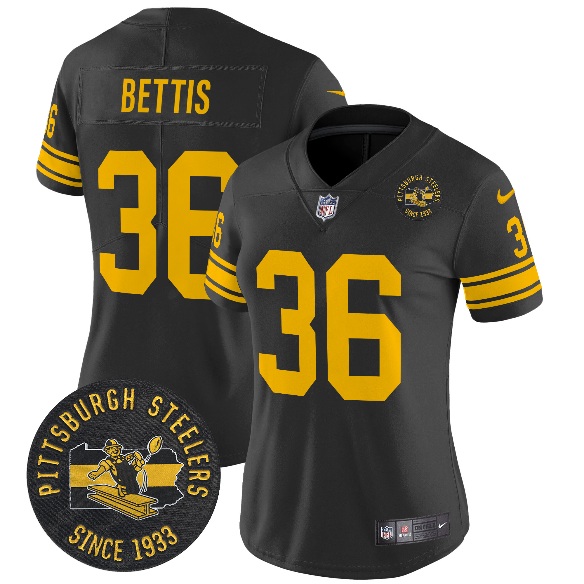 Jerome Bettis Women's Pittsburgh Steelers Throwback 1962 Vapor Limited Black Jersey - Est. 1933 Patch - All Stitched
