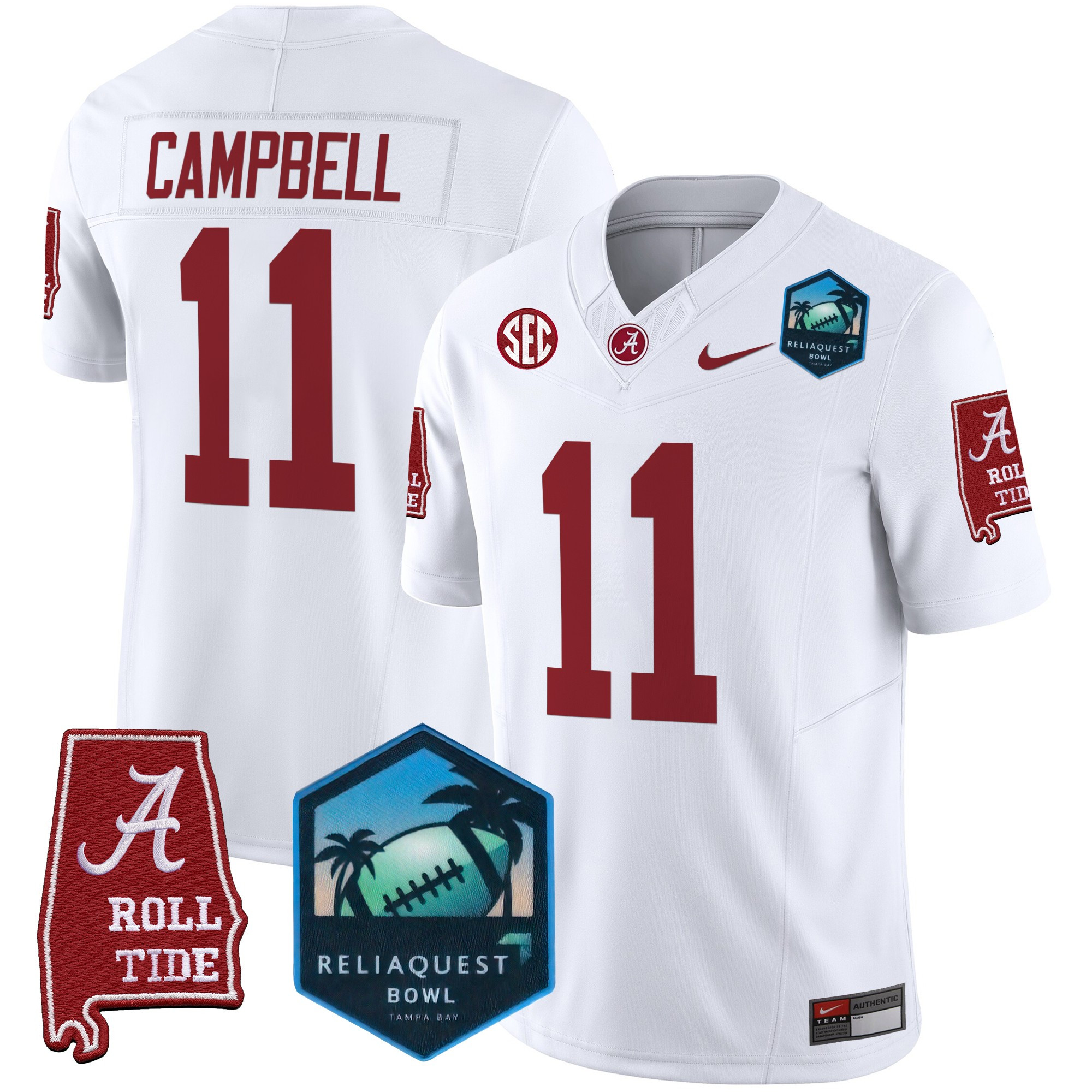 Jihaad Campbell Men's Alabama Crimson Tide 2025 ReliaQuest Bowl Patch Vapor Limited White Jersey - All Stitched