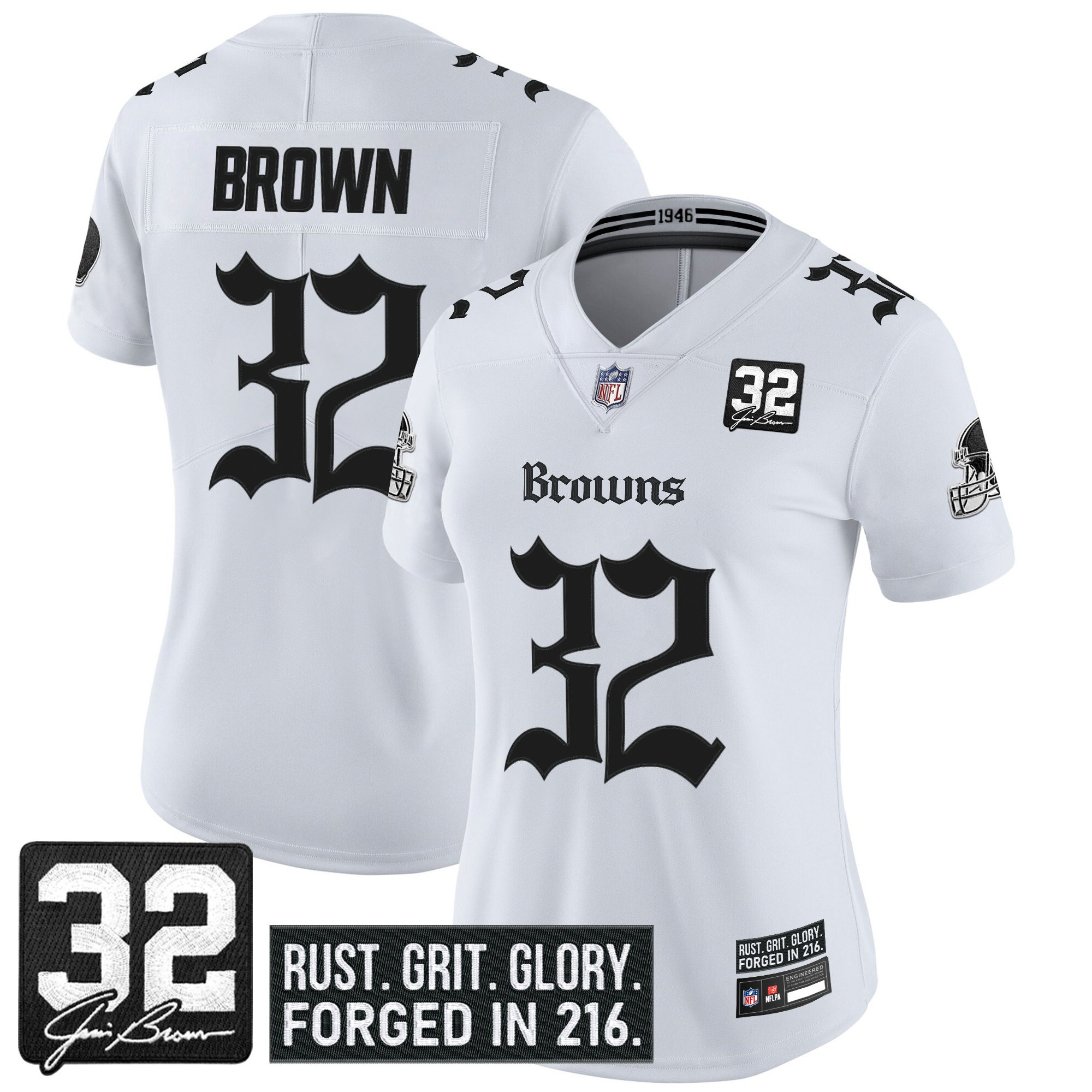 Jim Brown Women's Cleveland Browns Gothic Dawg Shadows Drop Vapor Limited White Jersey - All Stitched