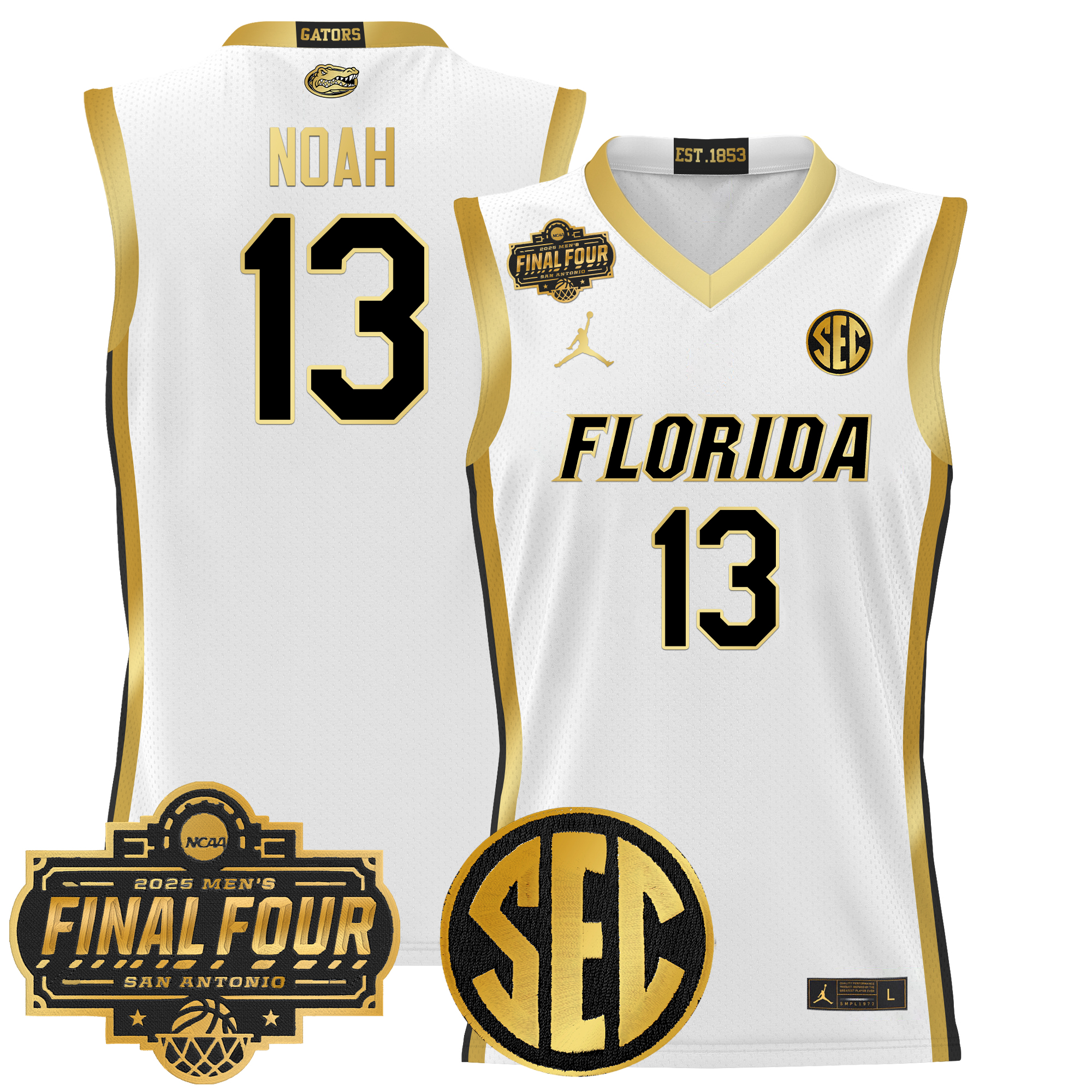 Joakim Noah Men's Florida Gators 2025 Final Four Patch Basketball White Gold Jersey - All Stitched