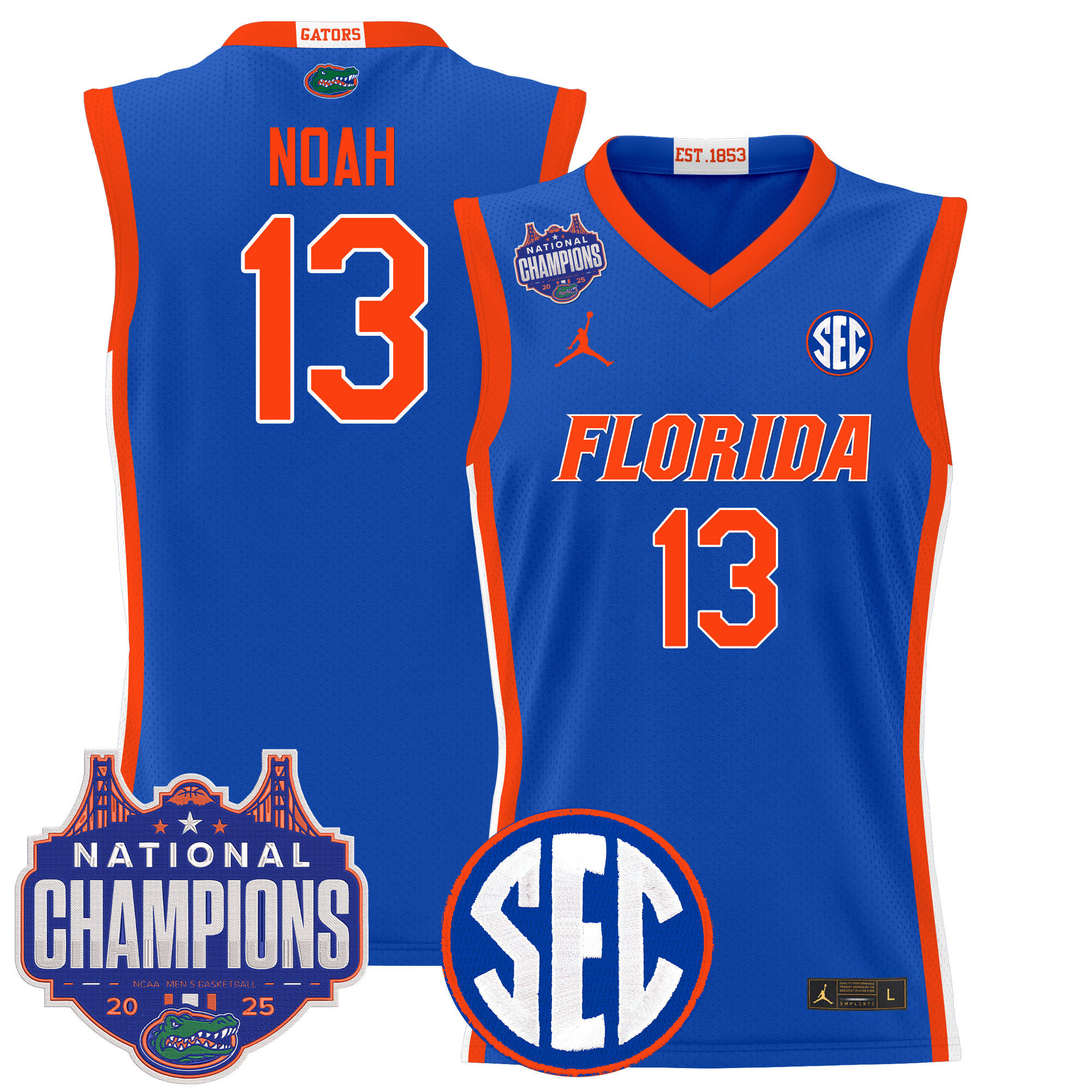 Joakim Noah Men's Florida Gators 2025 National Champions Patch Basketball Royal Jersey - All Stitched
