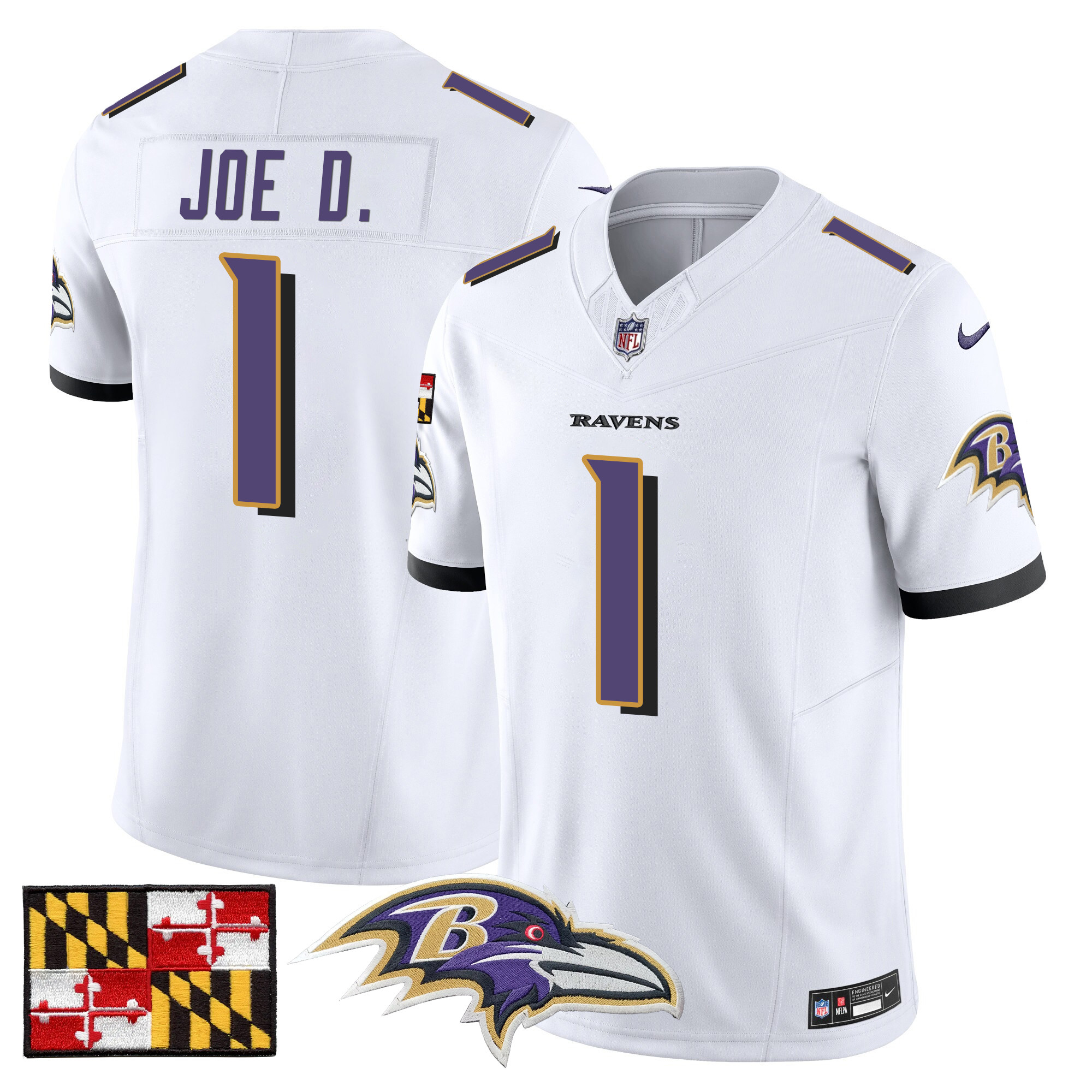 Joe D Men's Baltimore Ravens 2024 Maryland Flag Vapor Limited White Jersey - All Stitched