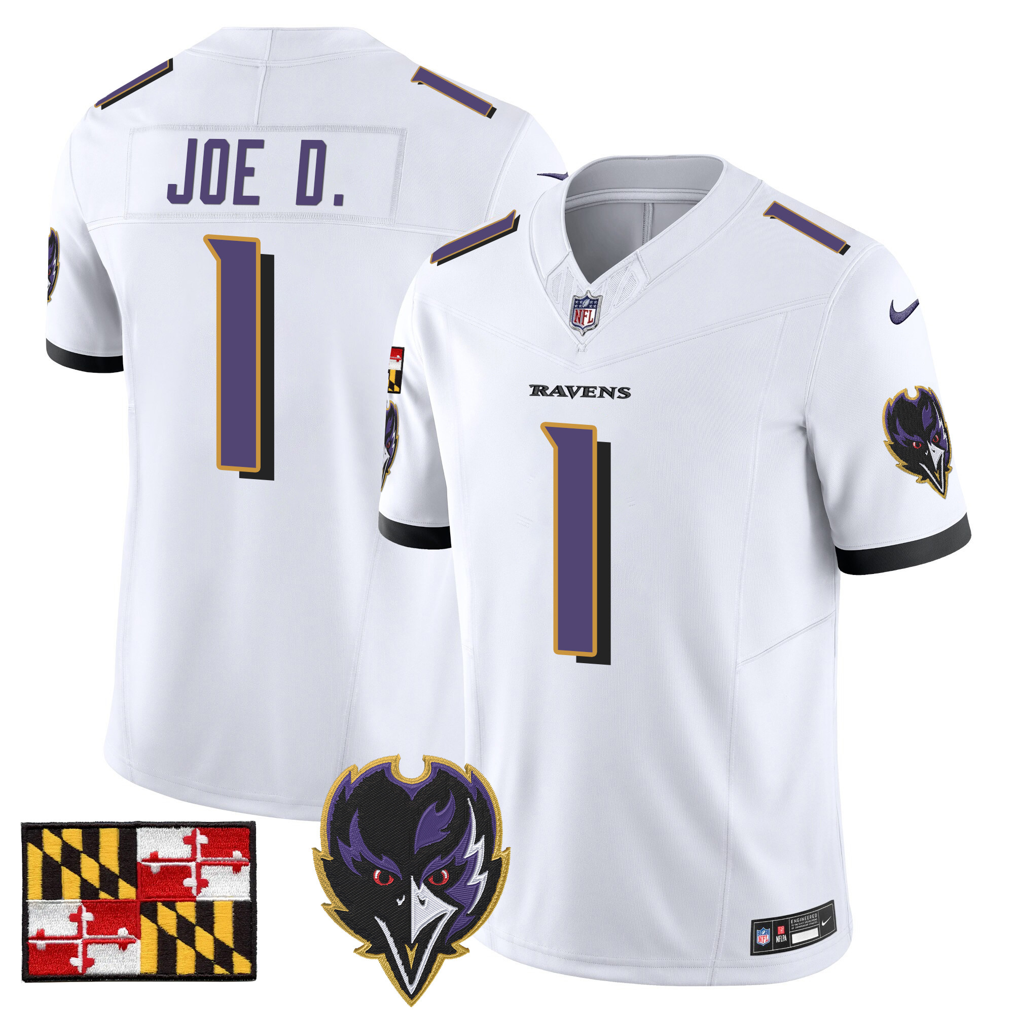 Joe D Men's Baltimore Ravens 2024 Maryland Flag Vapor Limited White Jersey V2 - All Stitched