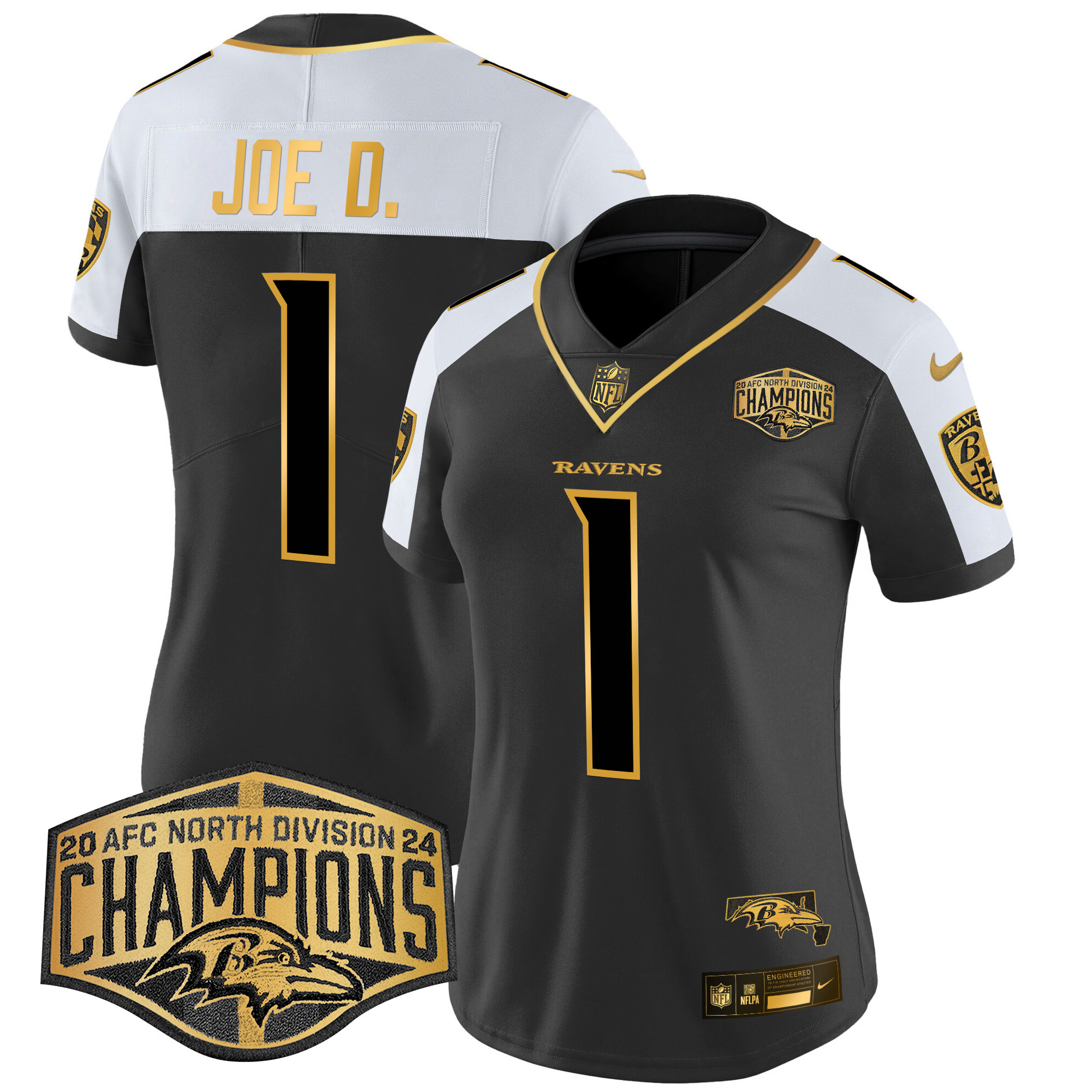 Joe D Women's Baltimore Ravens Maryland 2024 AFC North Division Champions Patch Gold Vapor Limited Alternate Jersey - All Stitched