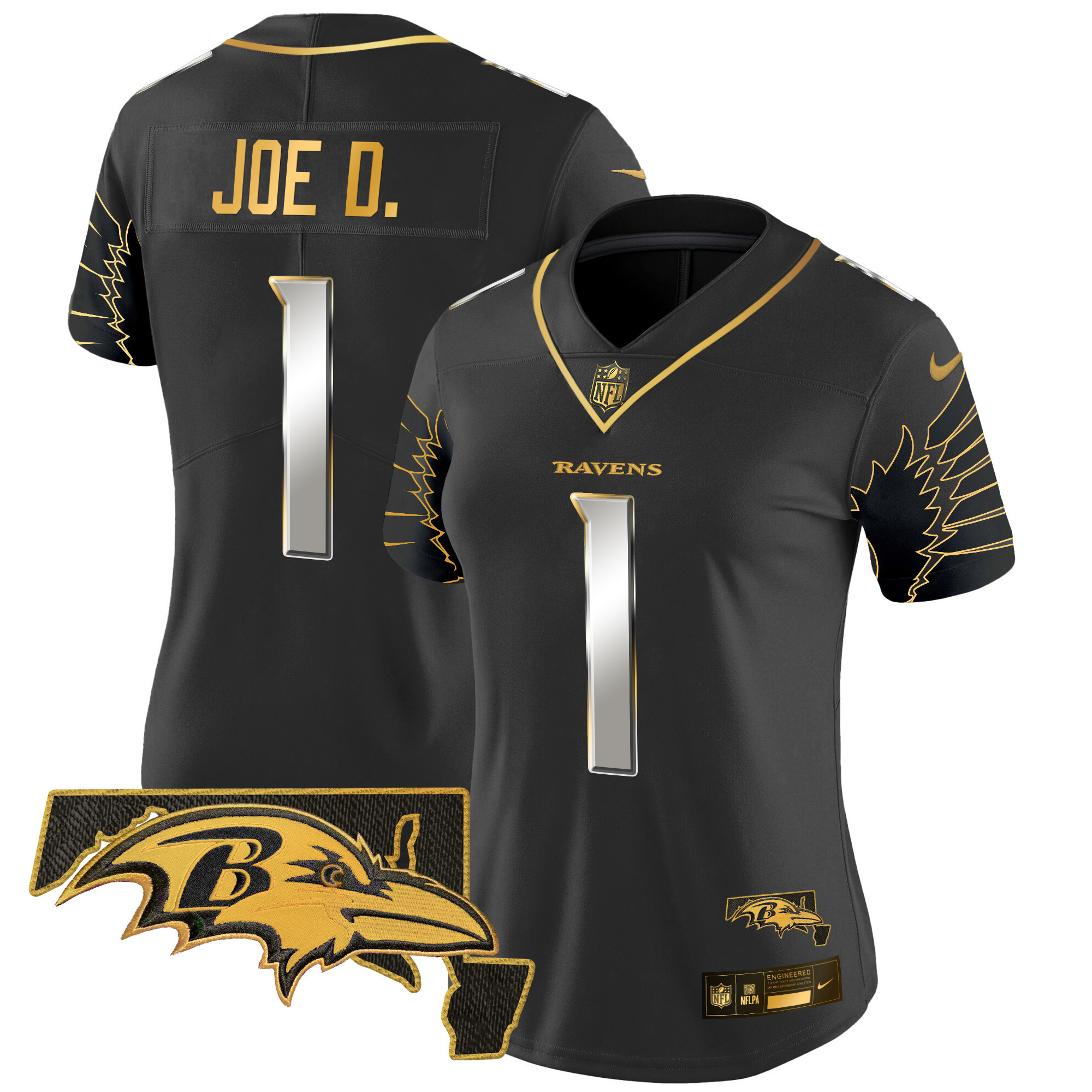 Joe D Women's Baltimore Ravens Maryland Patch Gold Vapor Limited Black Limited Jersey V2 - All Stitched