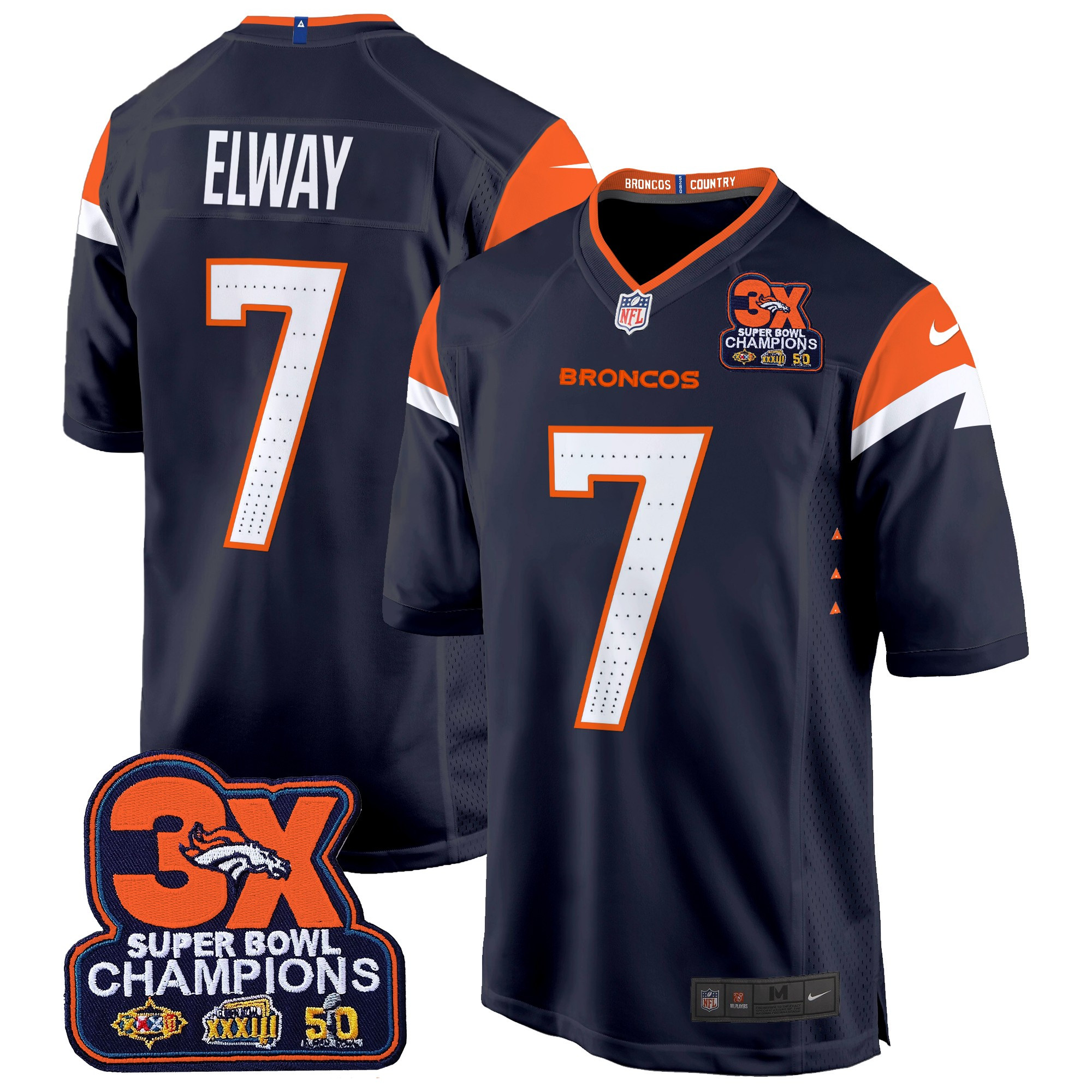 John Elway Men's Denver Broncos 3-Time Champions Patch Game Navy Jersey - Al Stitched