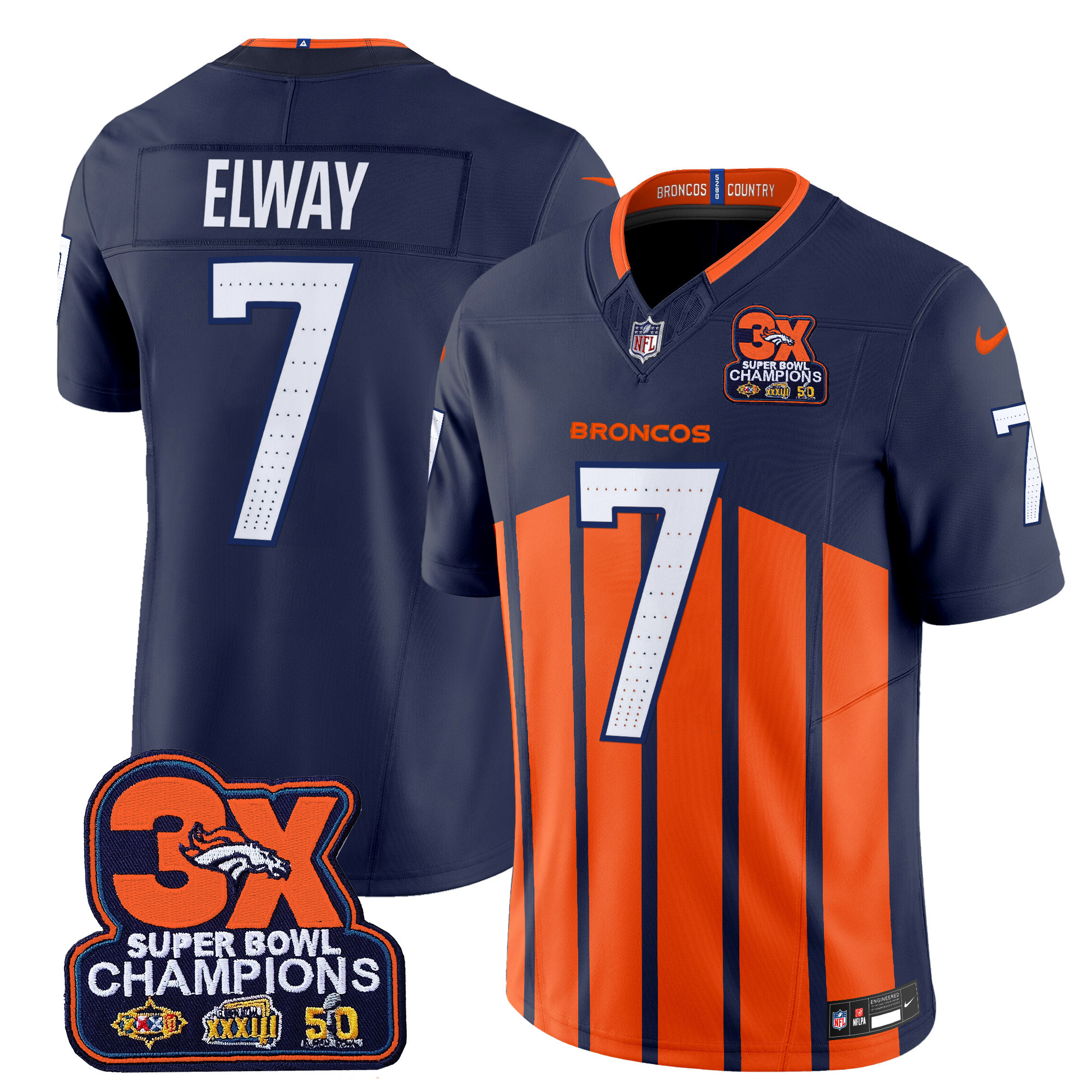 John Elway Men's Denver Broncos 3-Time Champions Patch Vapor Limited Navy Special Jersey V2 - All Stitched