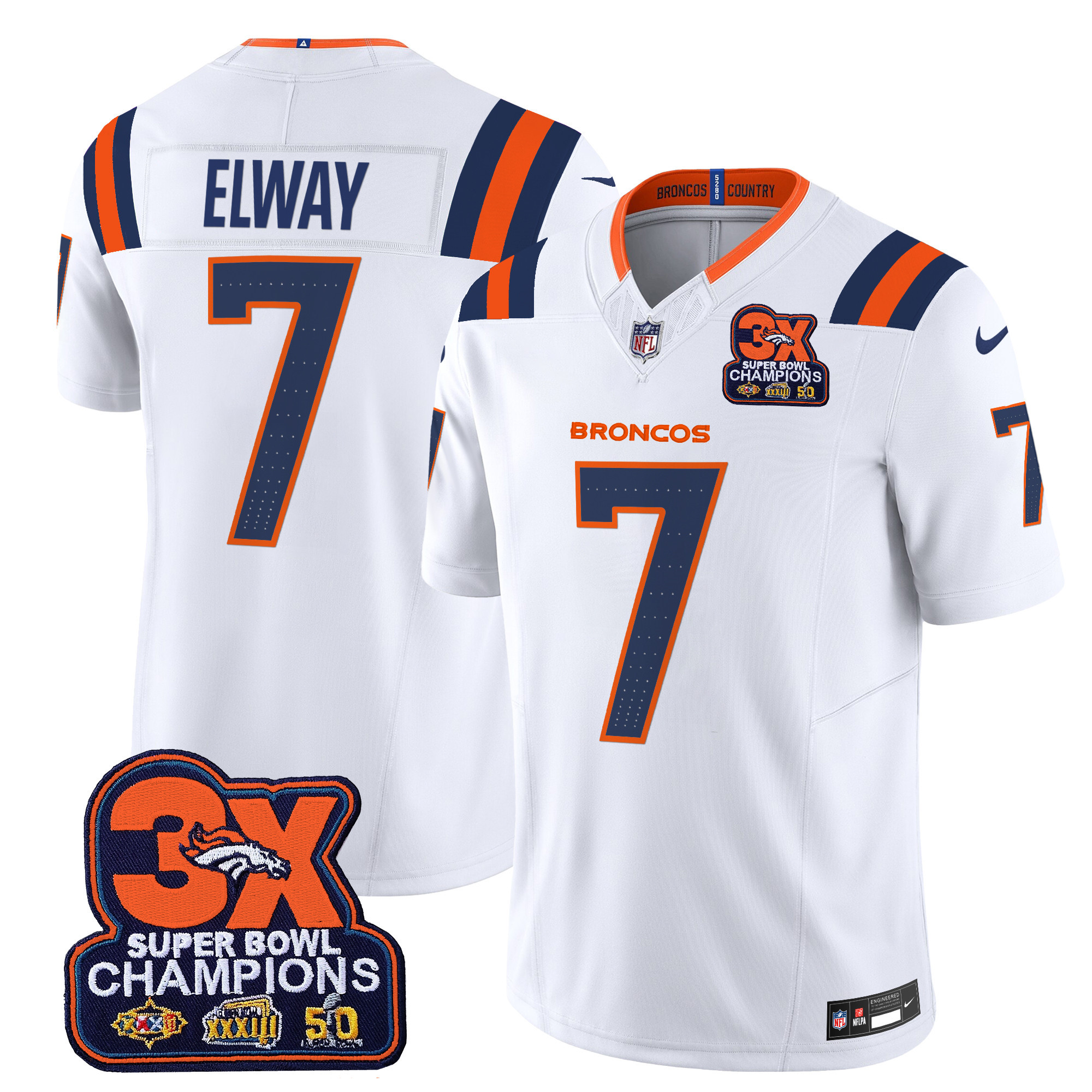 John Elway Men's Denver Broncos 3-Time Champions Patch Vapor Limited White Jersey V2 - All Stitched