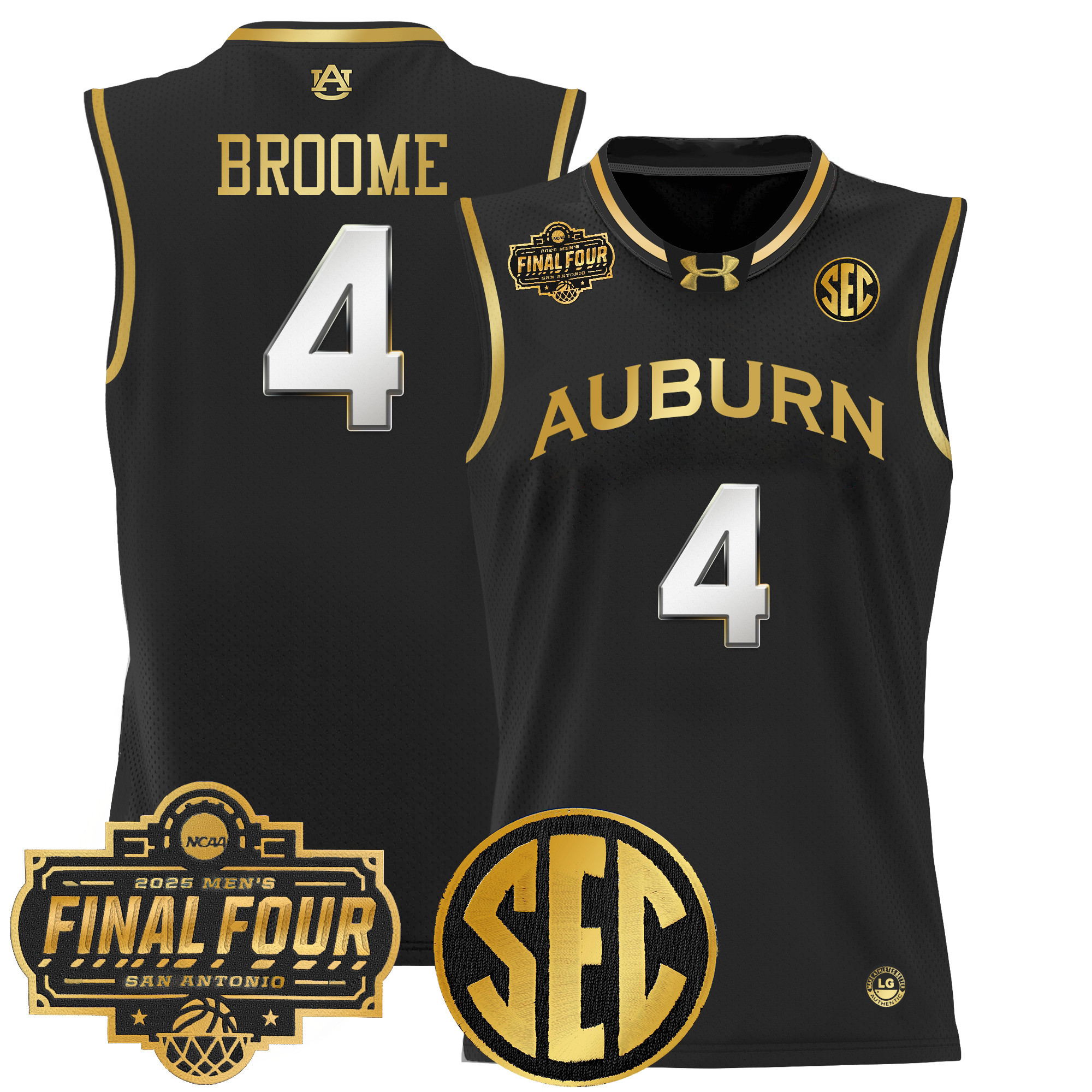 Johni Broome Men's Auburn Tigers 2025 Final Four Patch Lightweight Basketball Black Gold Jersey - All Stitched