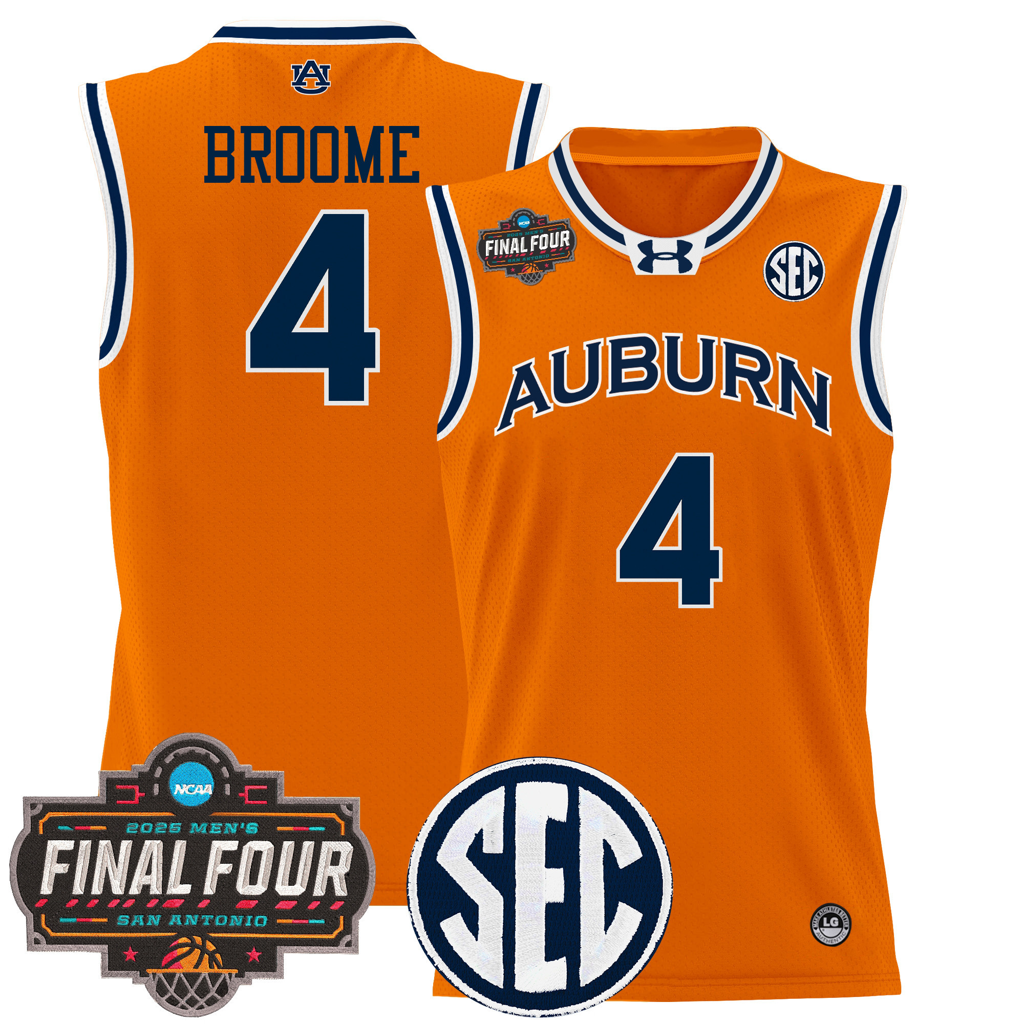 Johni Broome Men's Auburn Tigers 2025 Final Four Patch Lightweight Basketball Orange Jersey - All Stitched