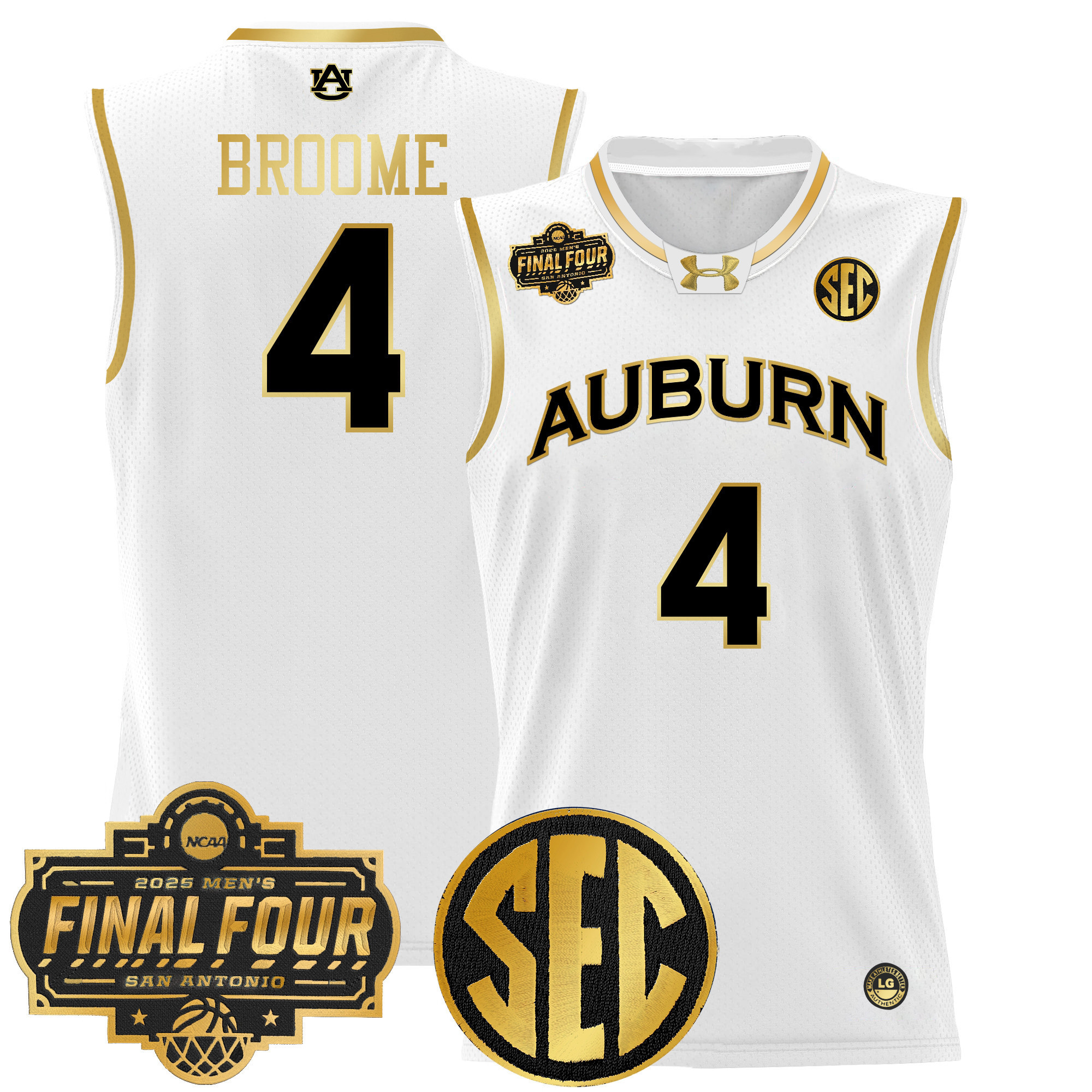 Johni Broome Men's Auburn Tigers 2025 Final Four Patch Lightweight Basketball White Gold Jersey - All Stitched