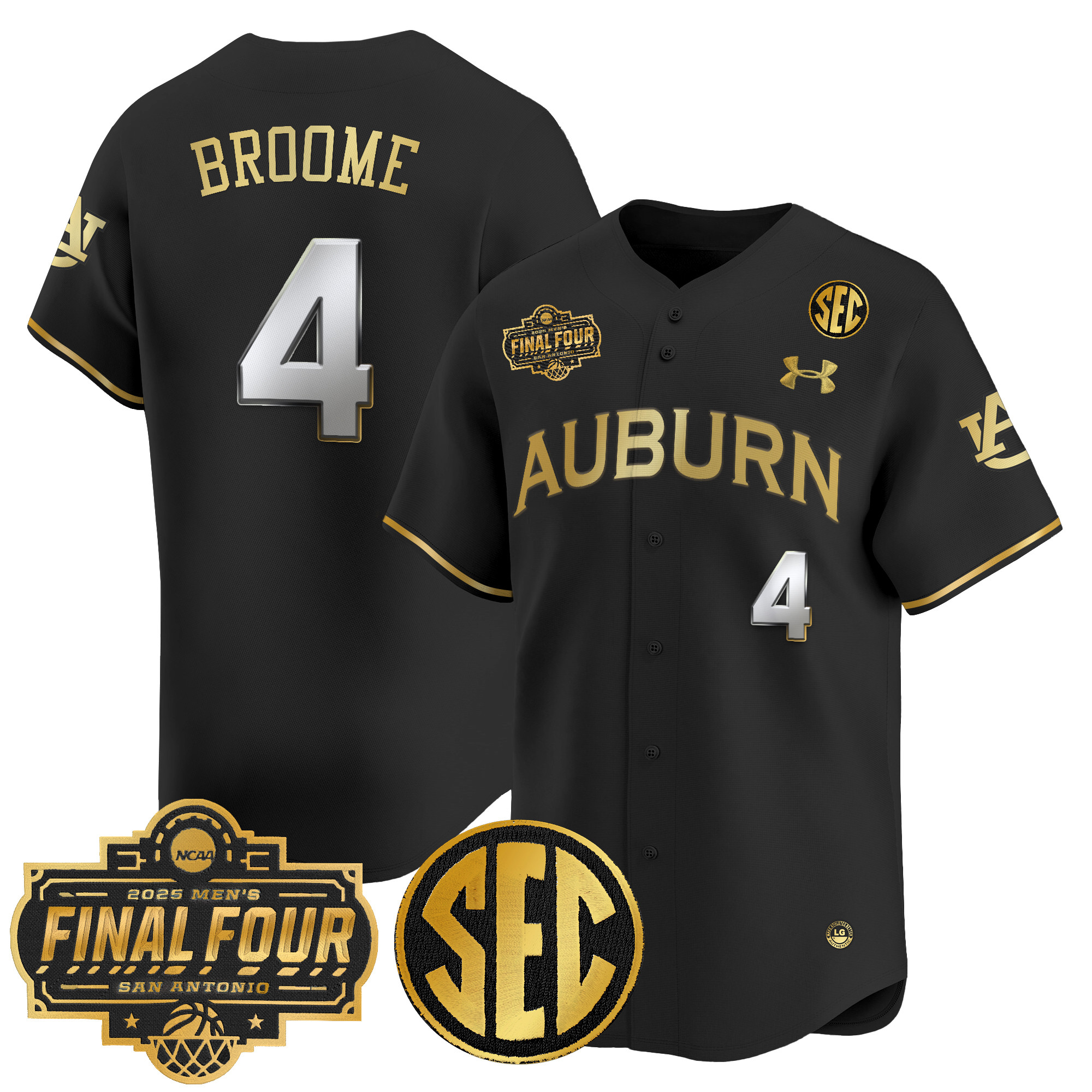 Johni Broome Men's Auburn Tigers 2025 Final Four Patch Vapor Baseball Black Gold Jersey - All Stitched