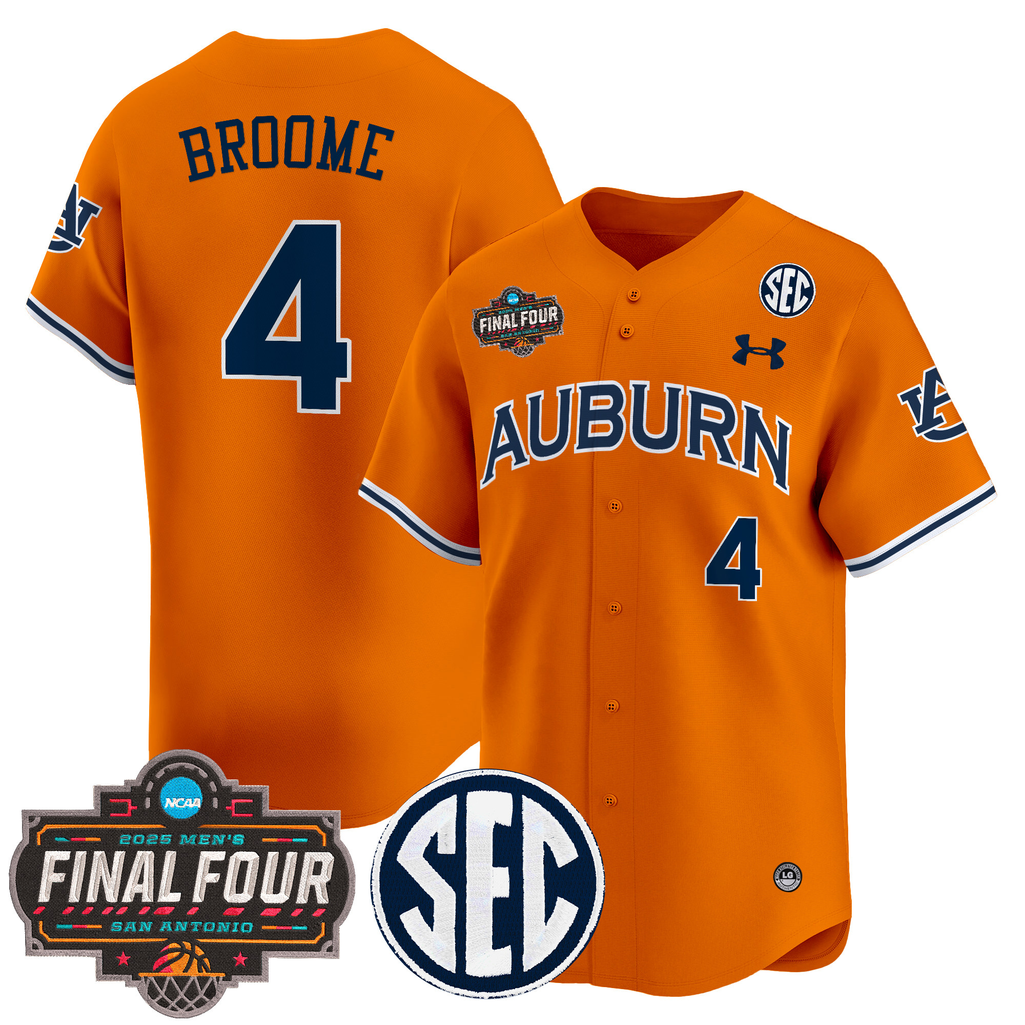 Johni Broome Men's Auburn Tigers 2025 Final Four Patch Vapor Baseball Orange Jersey - All Stitched