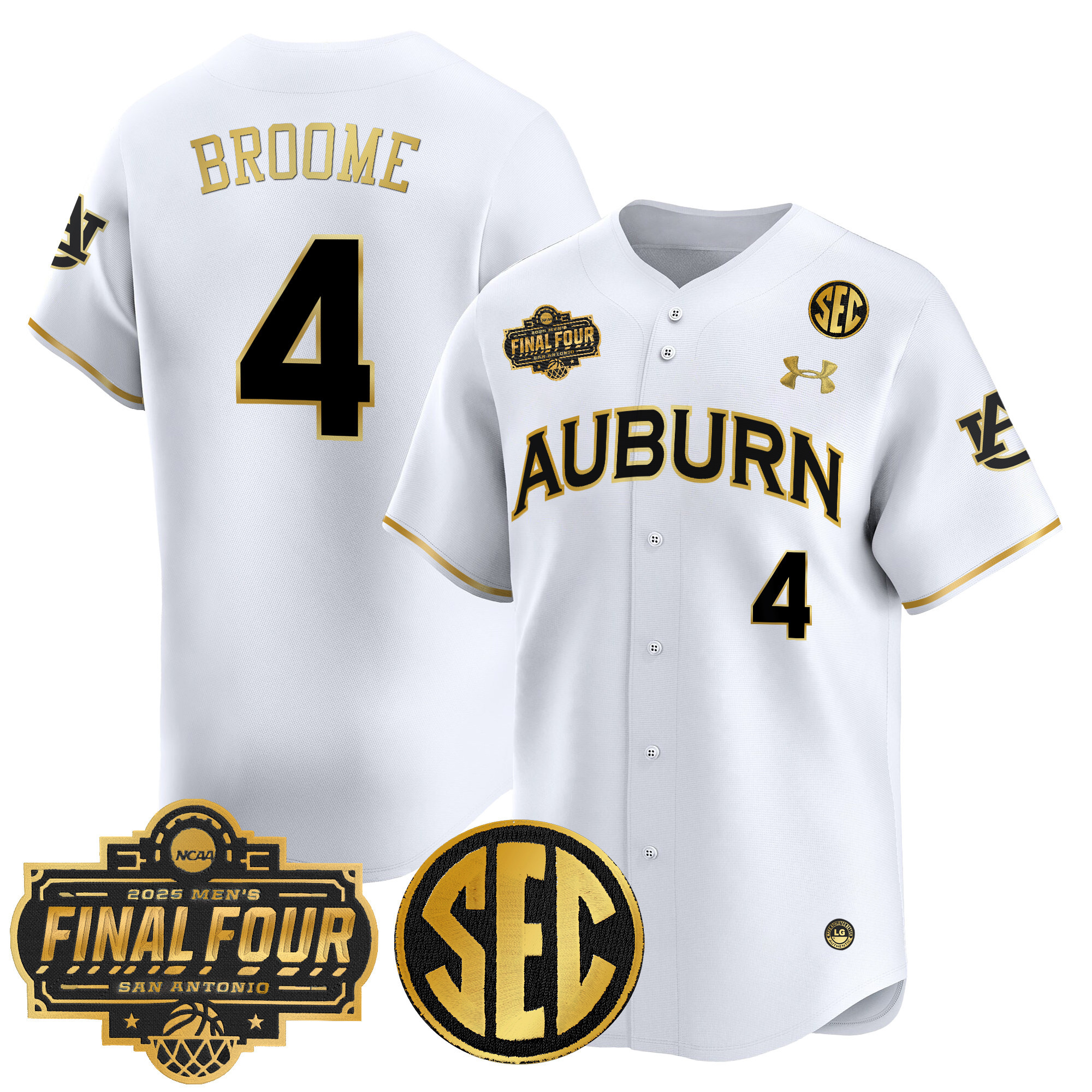Johni Broome Men's Auburn Tigers 2025 Final Four Patch Vapor Baseball White Gold Jersey - All Stitched