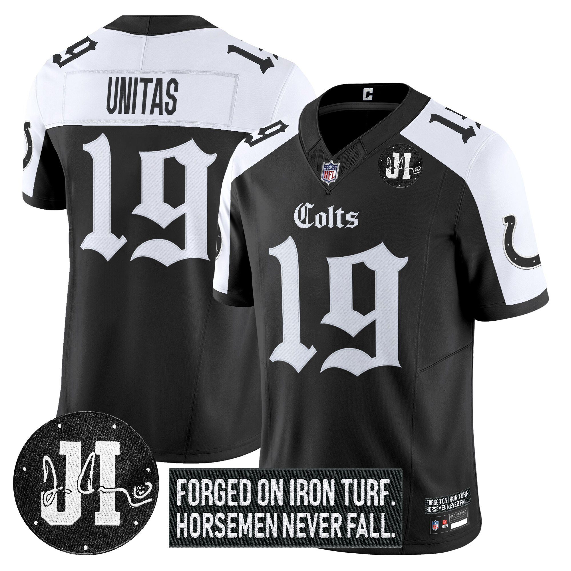 Johnny Unitas Men's Indianapolis Colts 2025 Gothic Iron Hoof Edition Vapor Limited Alternate Jersey - Jim Irsay Patch - All Stitched