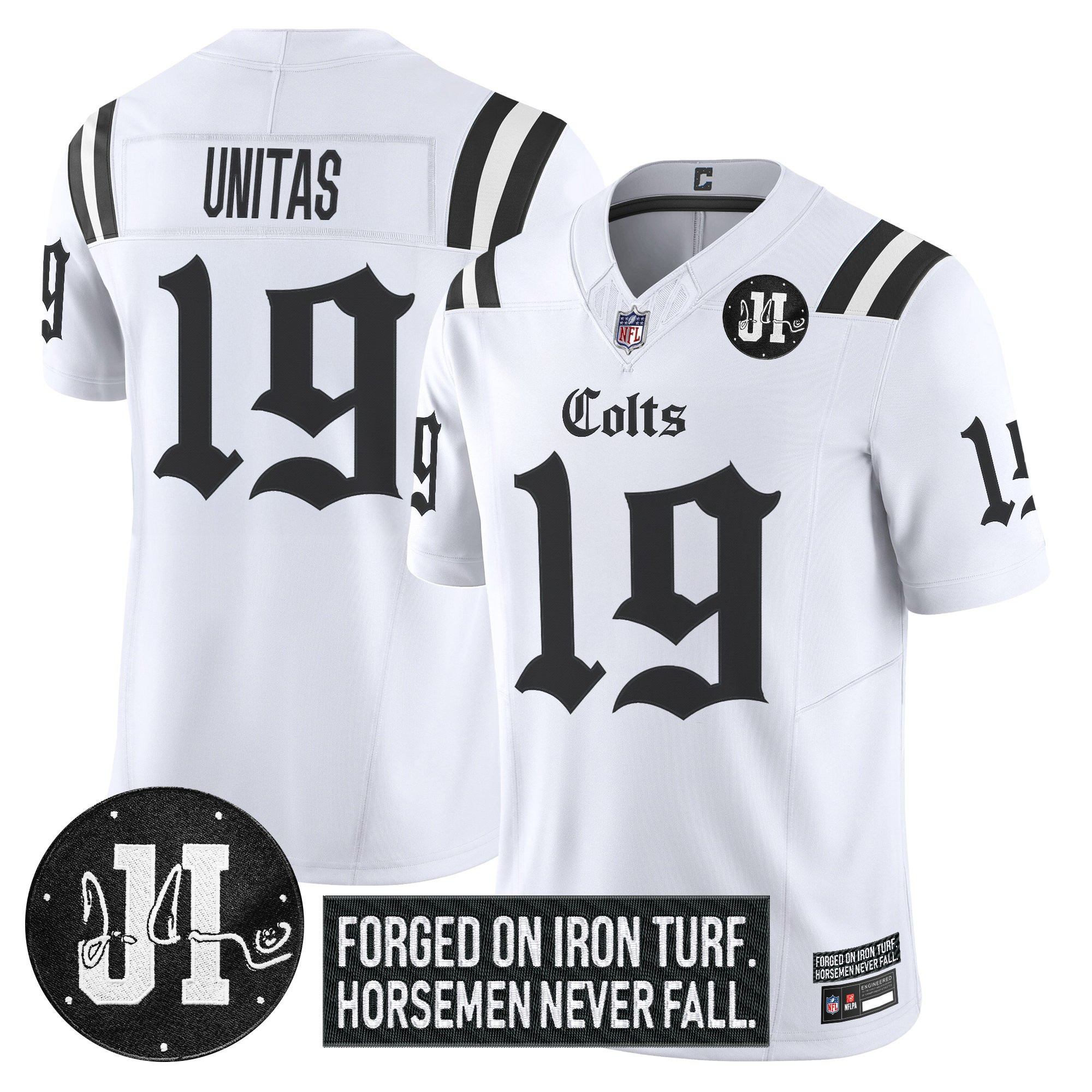 Johnny Unitas Men's Indianapolis Colts 2025 Gothic Iron Hoof Edition Vapor Limited White Jersey - Jim Irsay Patch - All Stitched