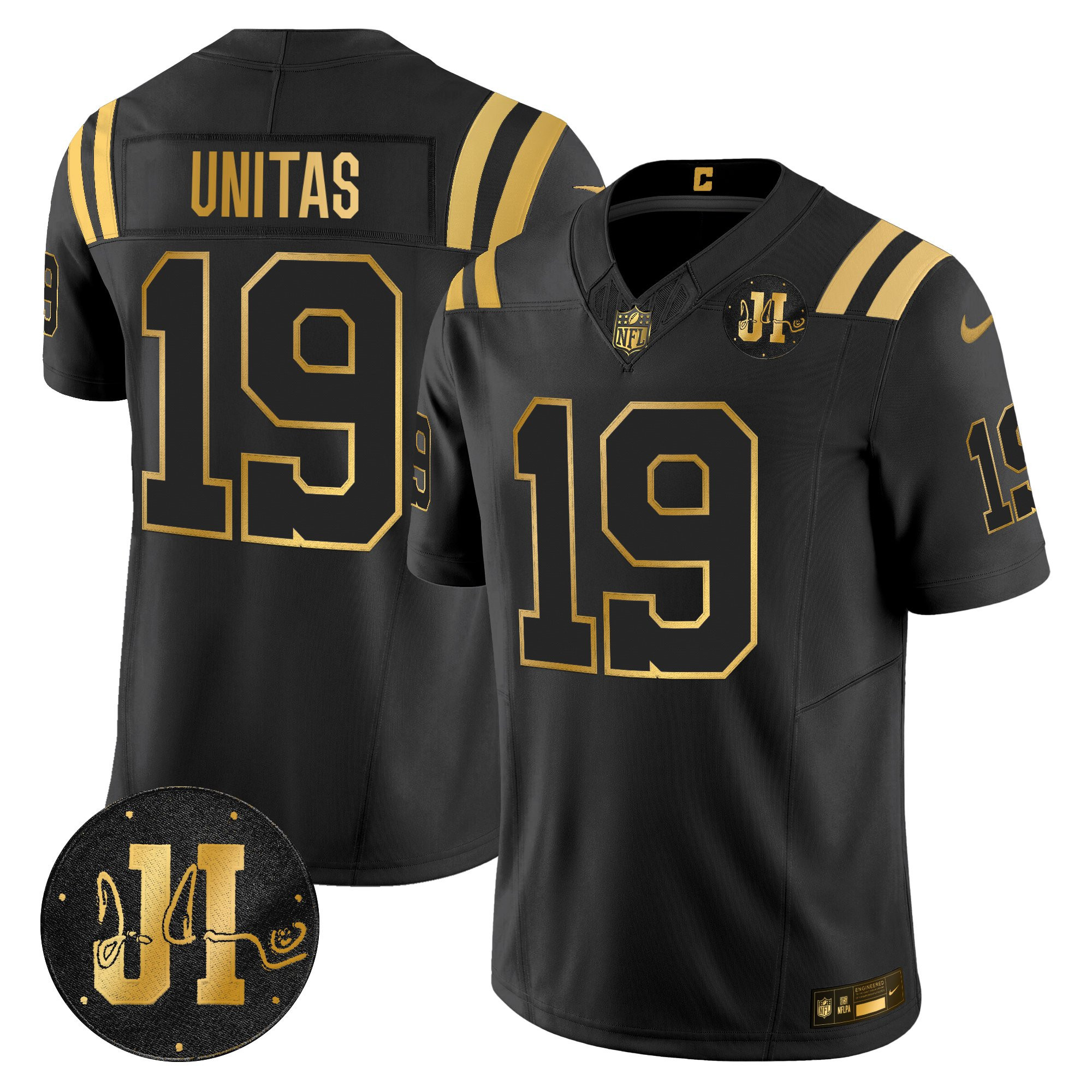 Johnny Unitas Men's Indianapolis Colts 2025 Jim Irsay Patch Gold Vapor Limited Black Gold Jersey - All Stitched