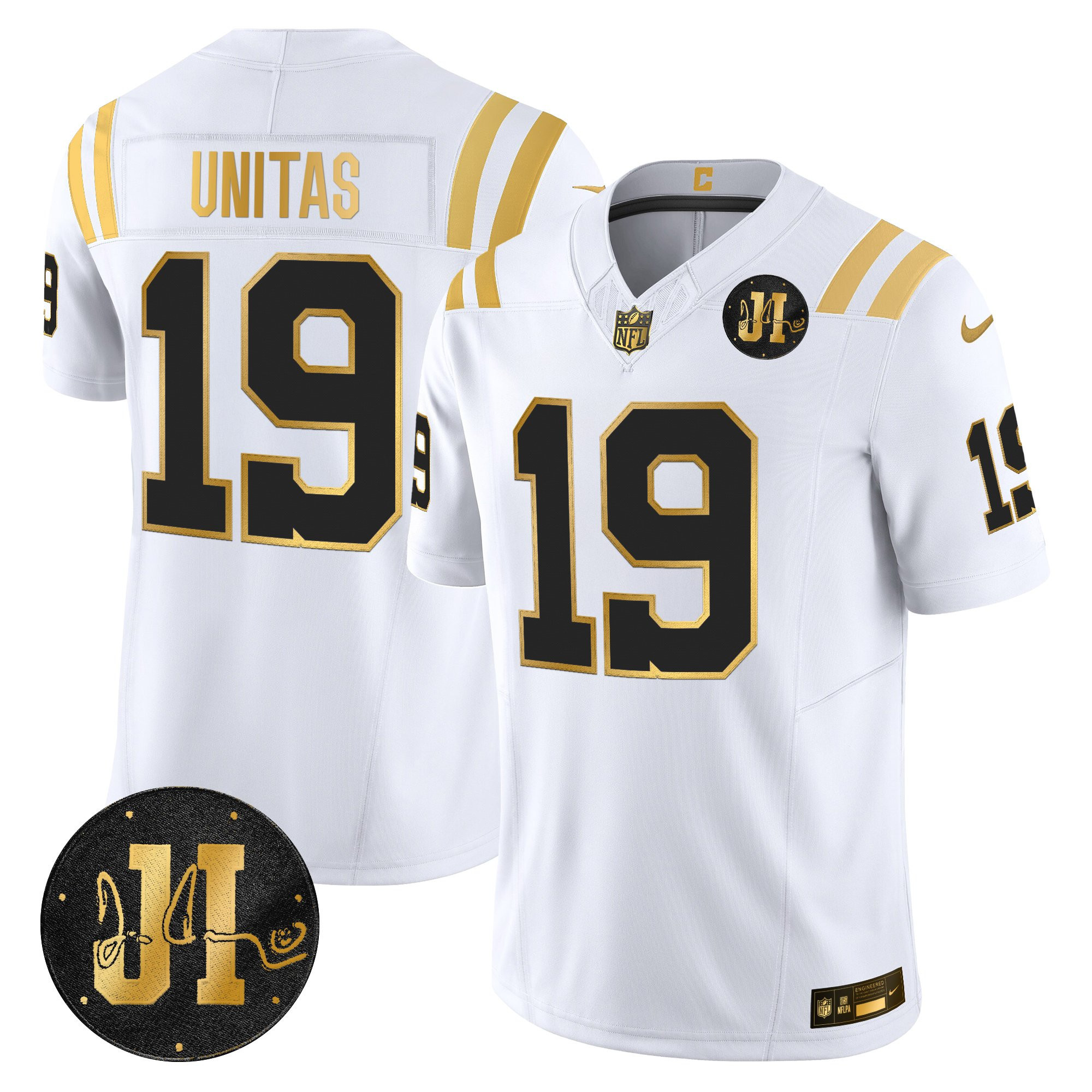 Johnny Unitas Men's Indianapolis Colts 2025 Jim Irsay Patch Gold Vapor Limited White Gold Jersey - All Stitched
