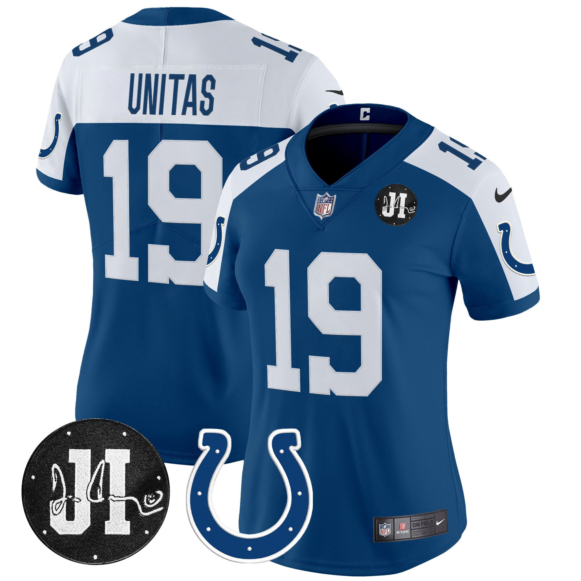 Johnny Unitas Women's Indianapolis Colts 2025 Jim Irsay Patch Vapor Limited Royal Alternate Jersey - All Stitched