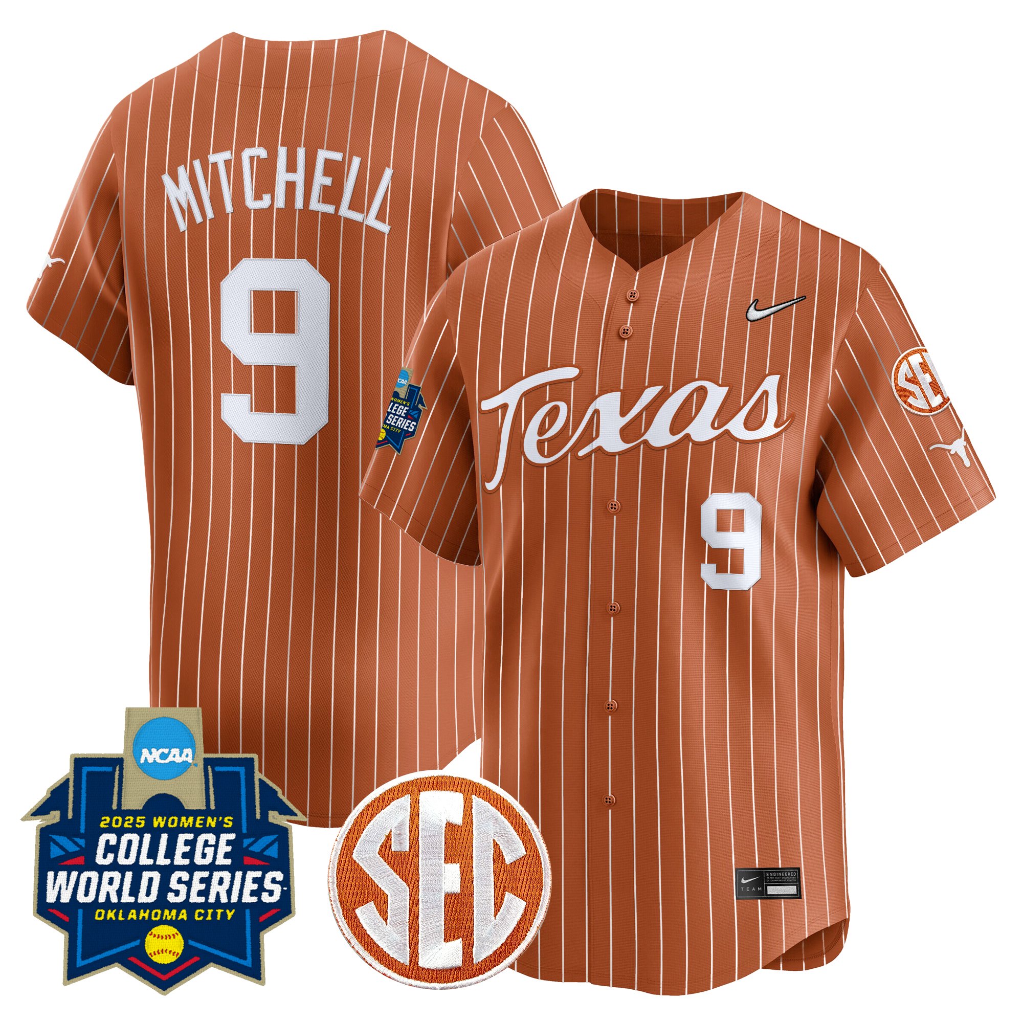Joley Mitchell Men's size - Texas Longhorns Softball 2025 World Series (WCWS) Vapor Premier Limited Orange Pinstripe Jersey - All Stitched