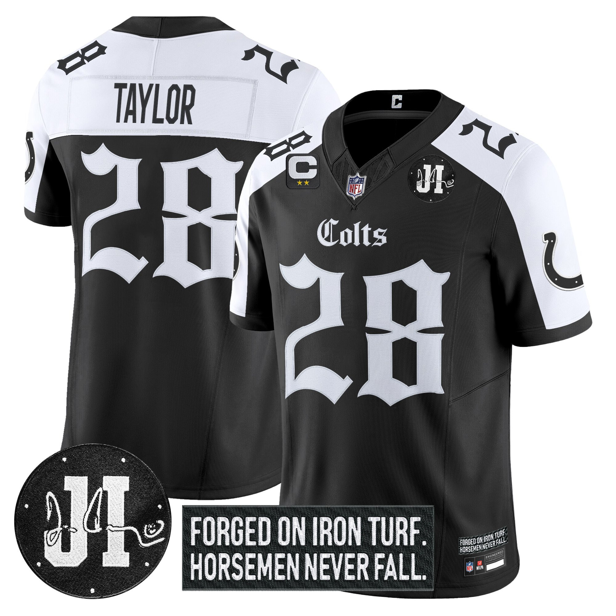Jonathan Taylor Men's Indianapolis Colts 2025 Gothic Iron Hoof Edition Vapor Limited Alternate Jersey - Jim Irsay Patch - All Stitched