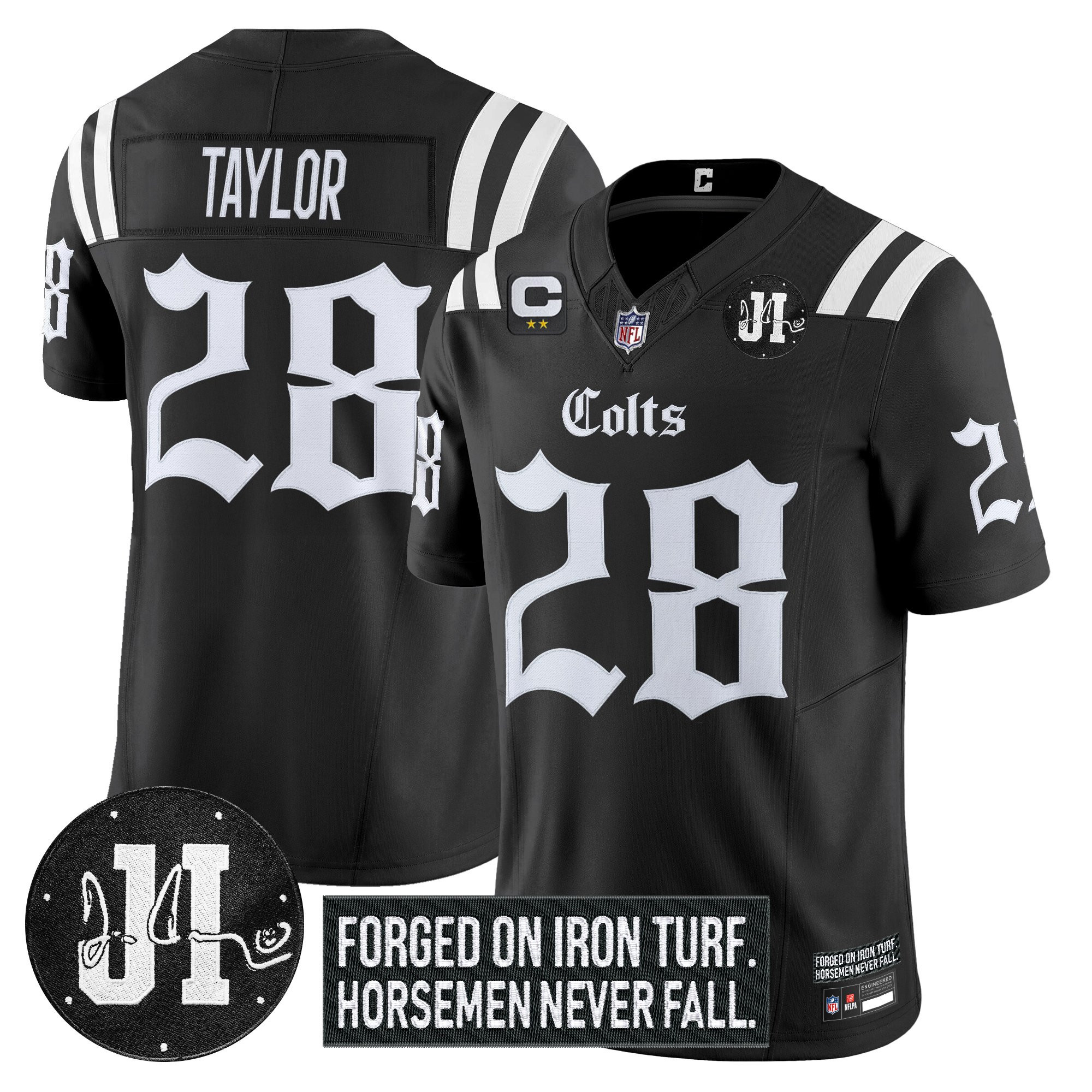 Jonathan Taylor Men's Indianapolis Colts 2025 Gothic Iron Hoof Edition Vapor Limited Black Jersey - Jim Irsay Patch - All Stitched