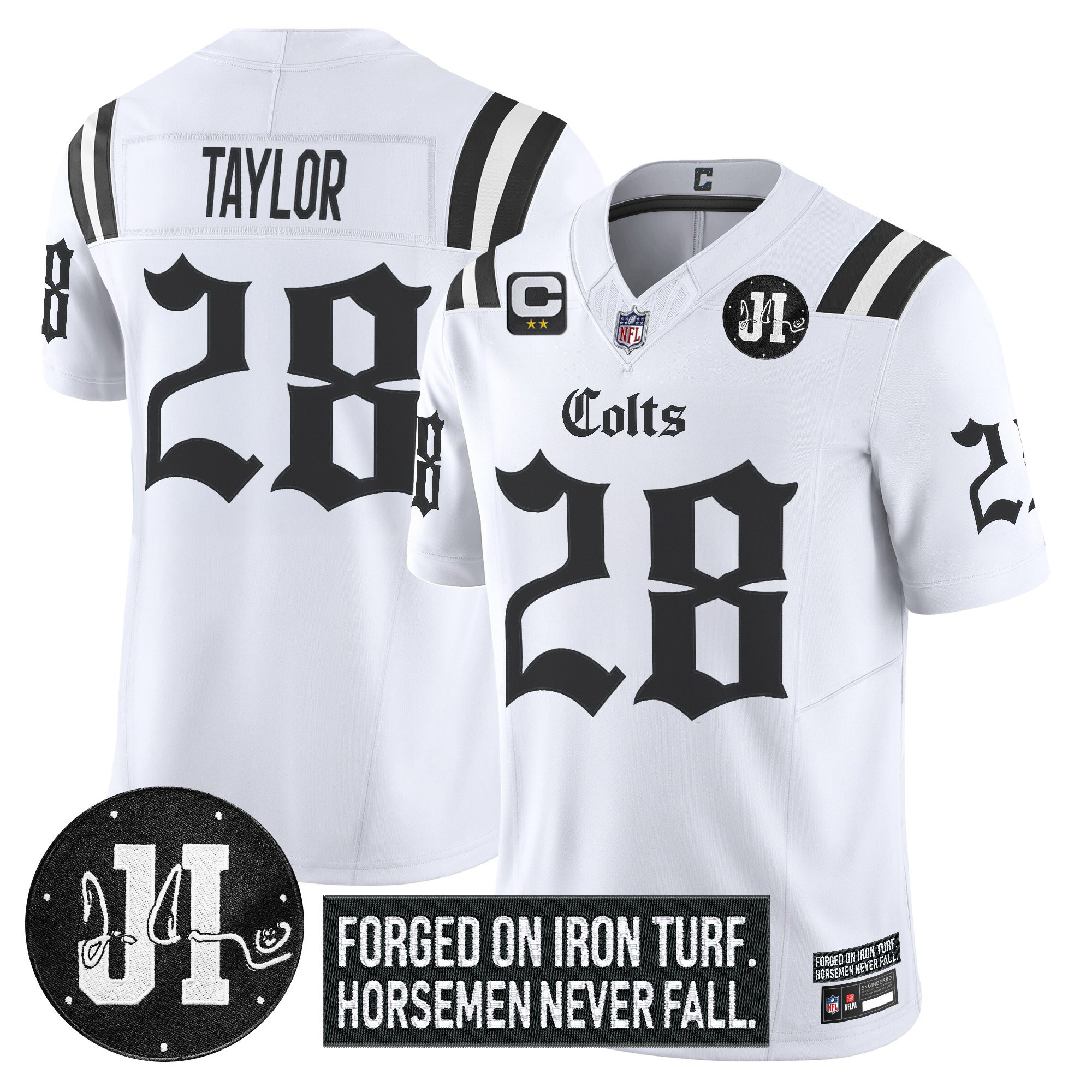 Jonathan Taylor Men's Indianapolis Colts 2025 Gothic Iron Hoof Edition Vapor Limited White Jersey - Jim Irsay Patch - All Stitched
