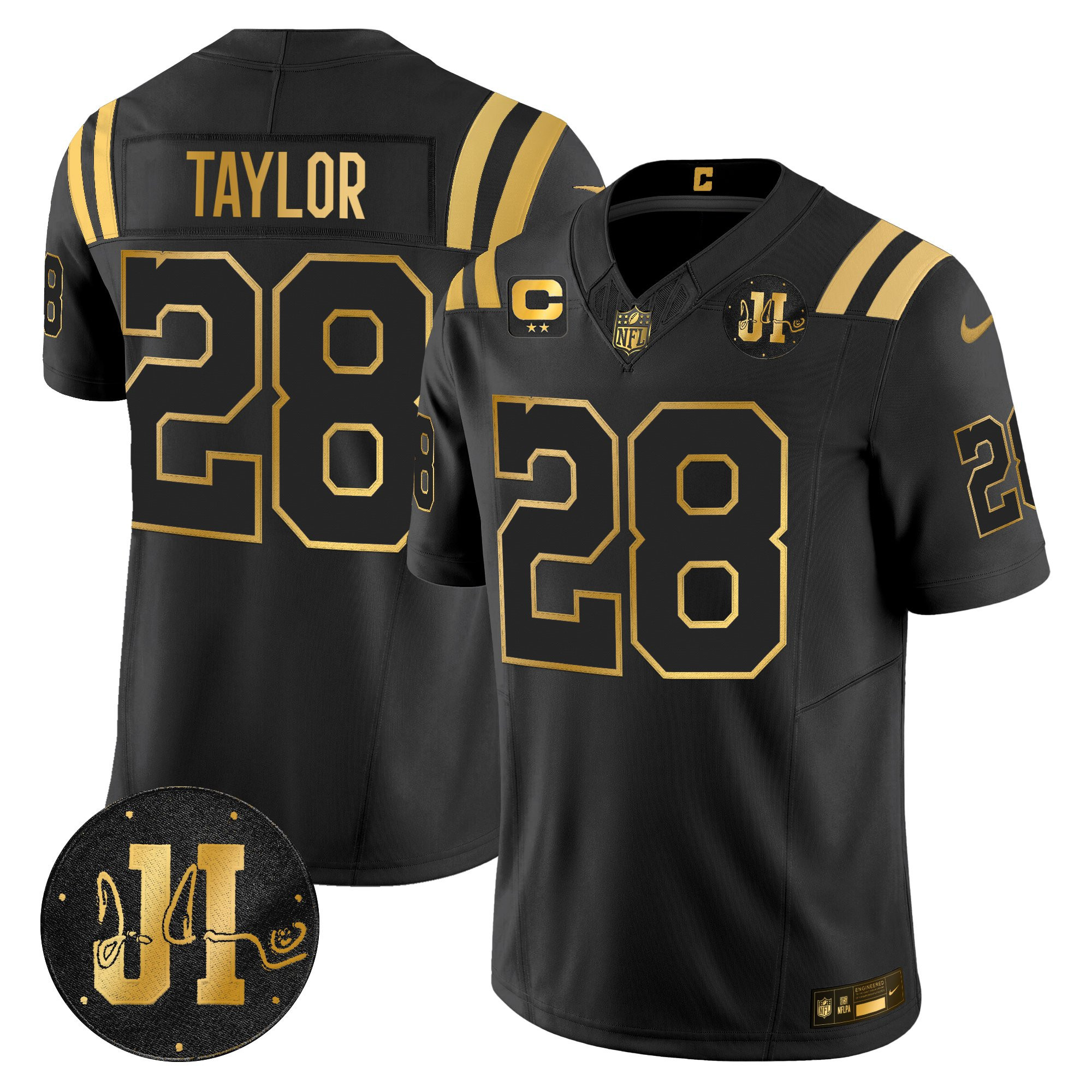 Jonathan Taylor Men's Indianapolis Colts 2025 Jim Irsay Patch Gold Vapor Limited Black Gold Jersey - All Stitched