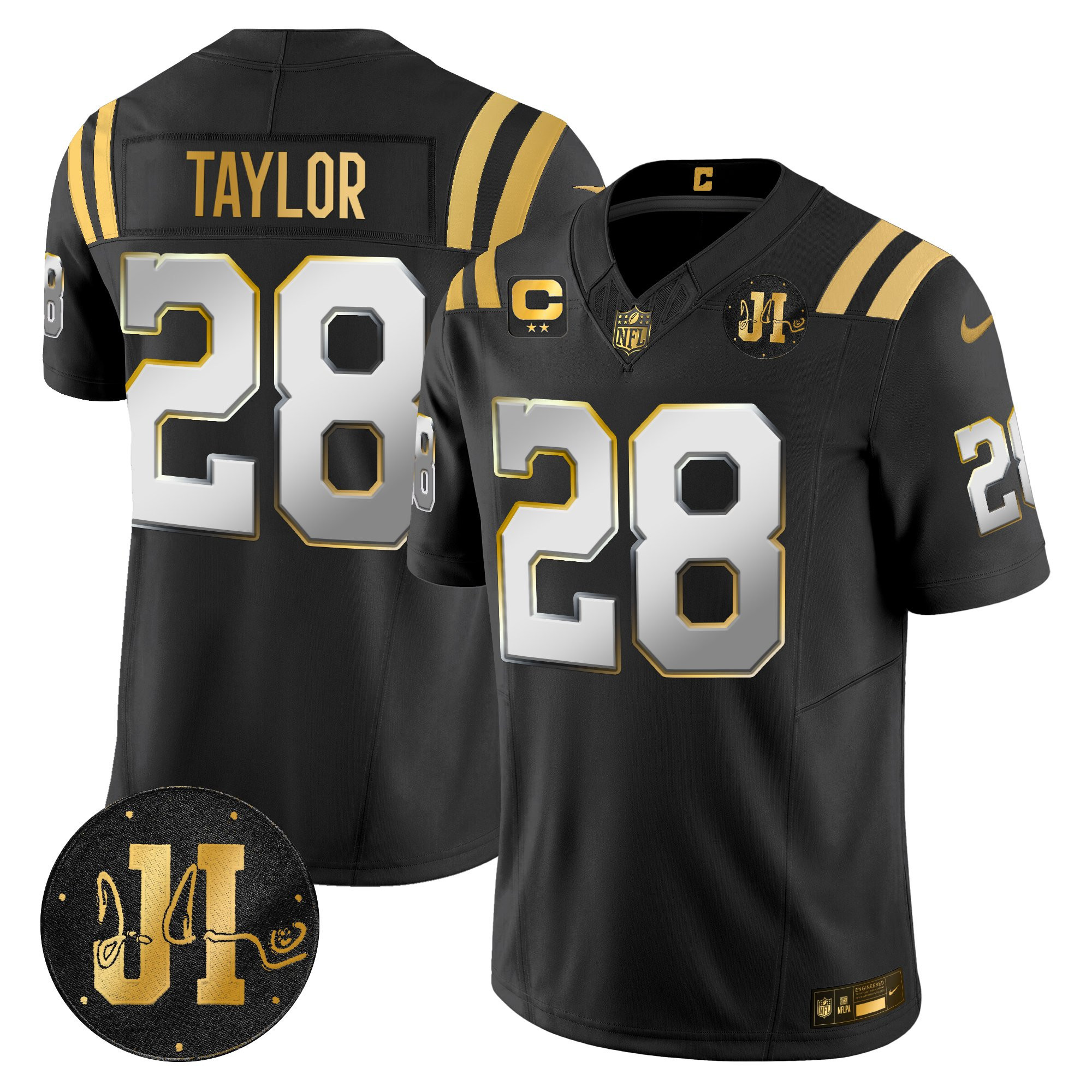 Jonathan Taylor Men's Indianapolis Colts 2025 Jim Irsay Patch Gold Vapor Limited Black Limited Jersey - All Stitched