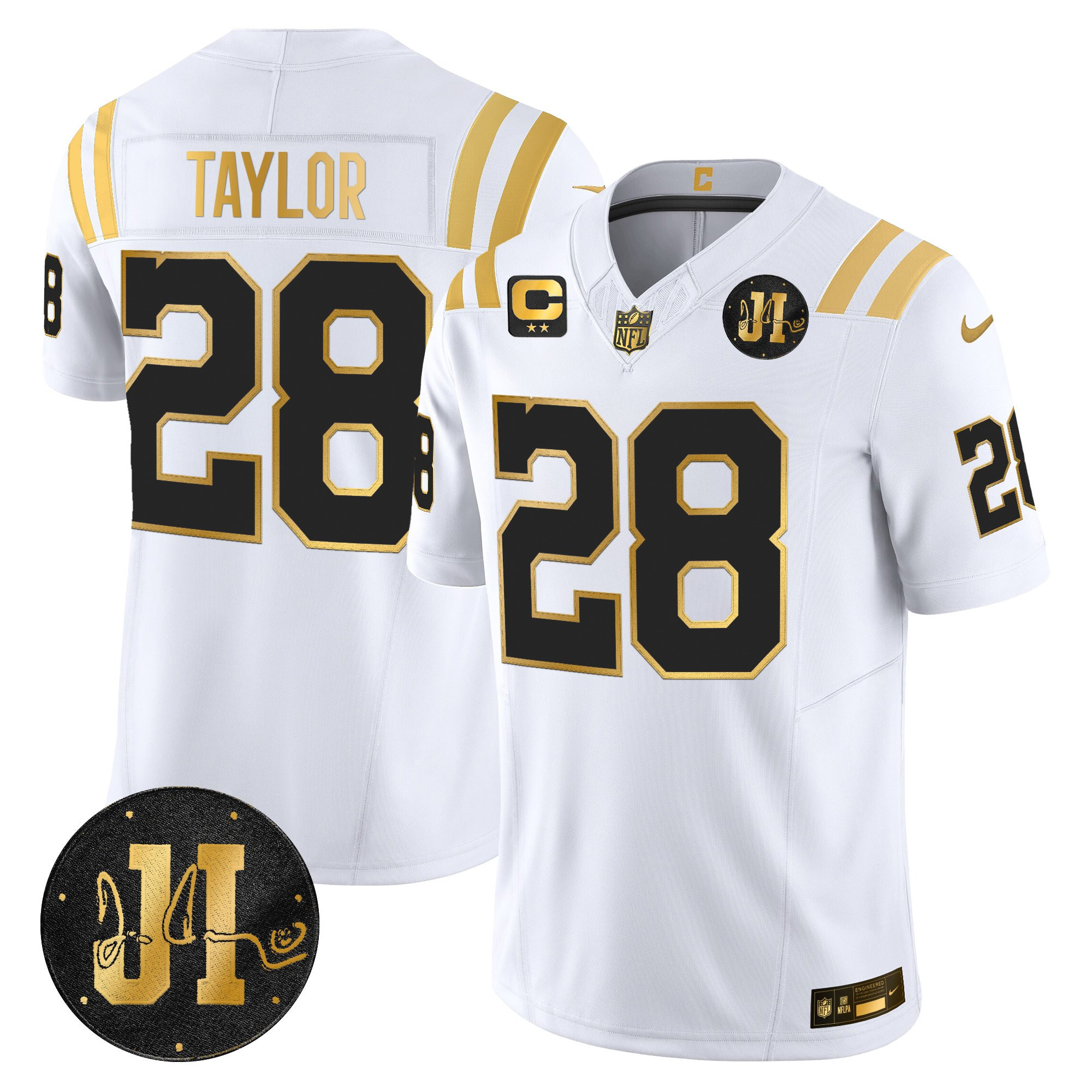 Jonathan Taylor Men's Indianapolis Colts 2025 Jim Irsay Patch Gold Vapor Limited White Gold Jersey - All Stitched