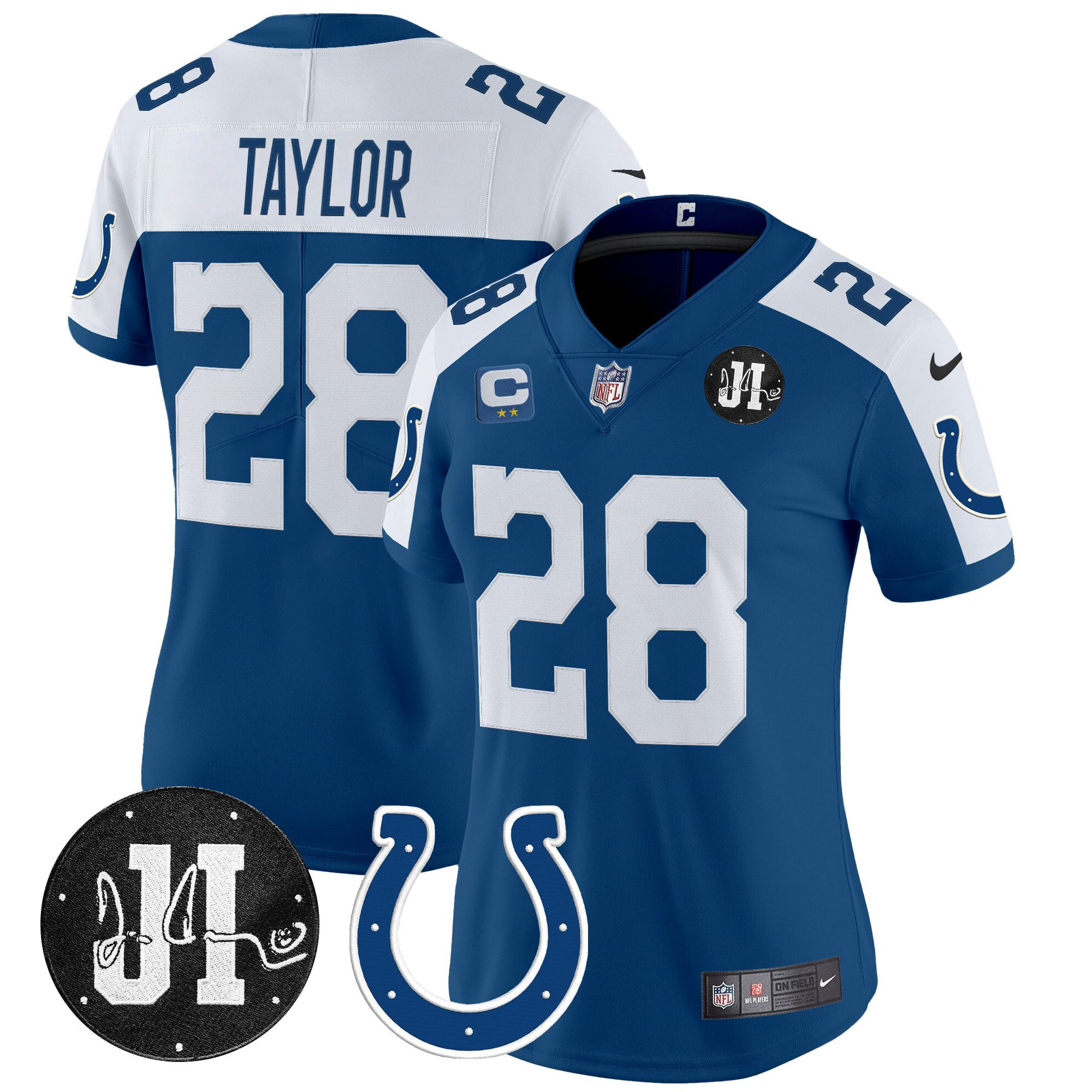 Jonathan Taylor Women's Indianapolis Colts 2025 Jim Irsay Patch Vapor Limited Royal Alternate Jersey - All Stitched