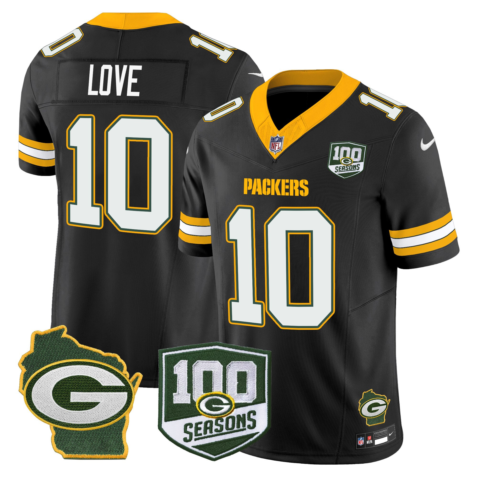 Jordan Love Men's Green Bay Packers 100th Season & Home Patch Vapor Limited Black Jersey - All Stitched