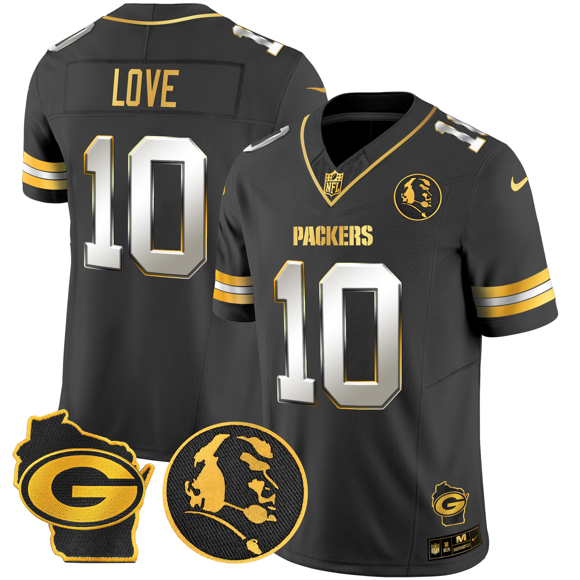 Jordan Love Men's Green Bay Packers John Madden & Home Patch Gold Vapor Limited Black Limited Jersey - All Stitched