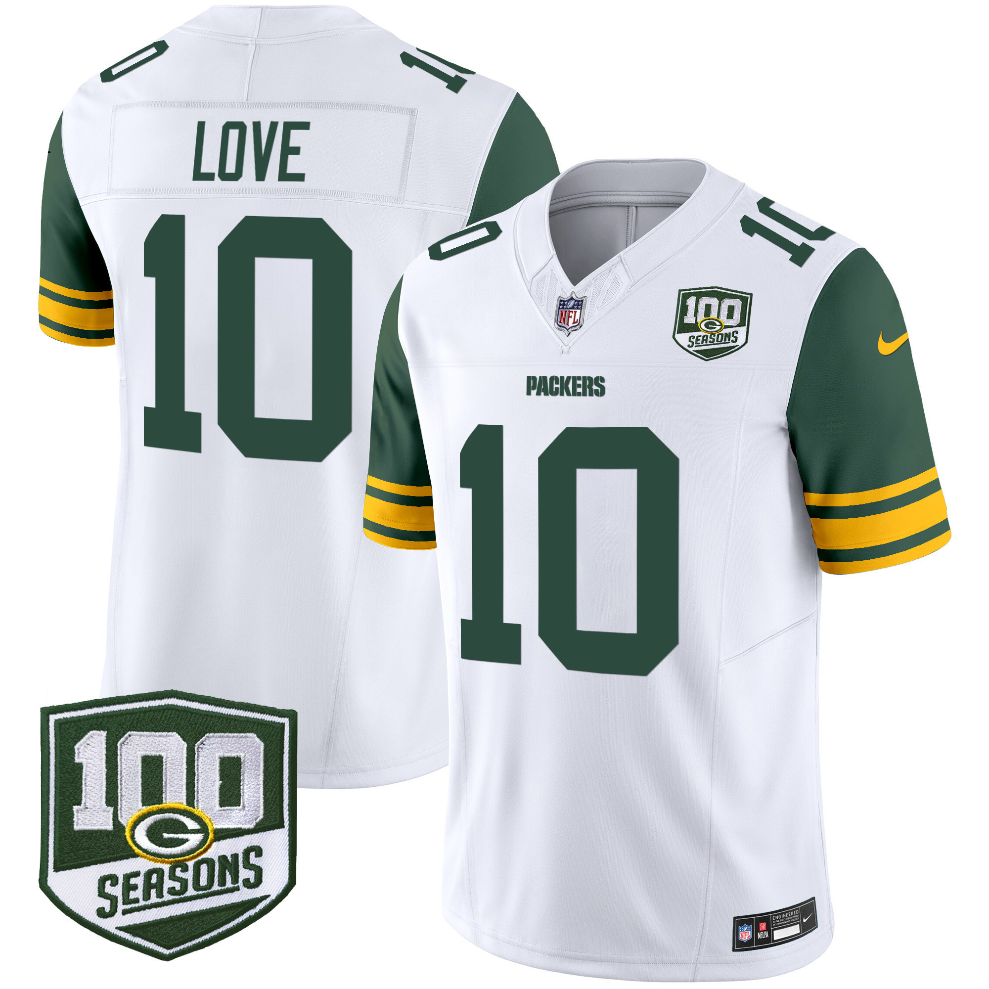 Jordan Love Men's Green Bay Packers Throwback 100th Season Patch Vapor Limited White Jersey - All Stitched