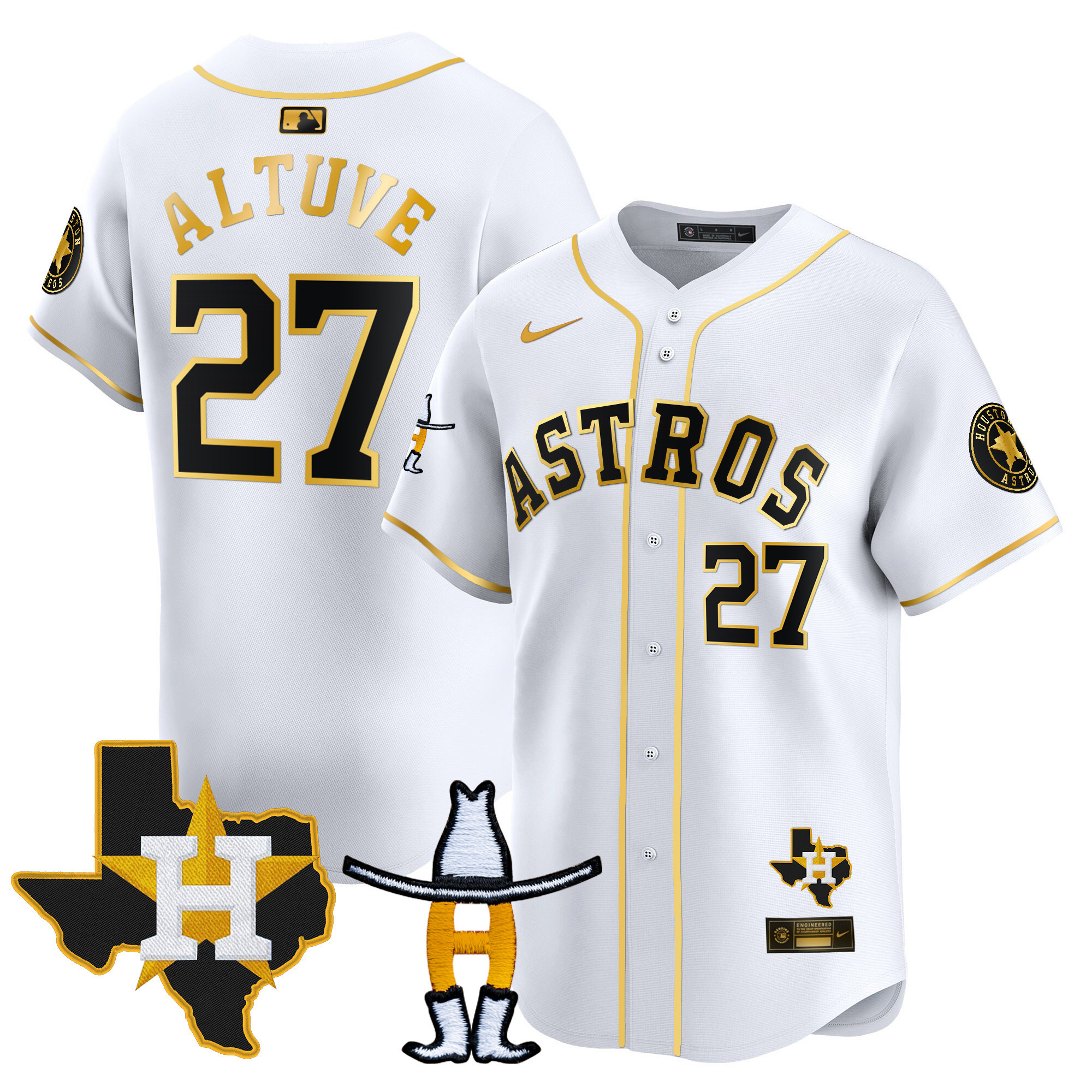 JosÃƒÆ’Ã‚Â© Altuve Men's Houston Astros Houston Rodeo Patch Vapor Premier Limited White Gold Jersey V2 - All Stitched