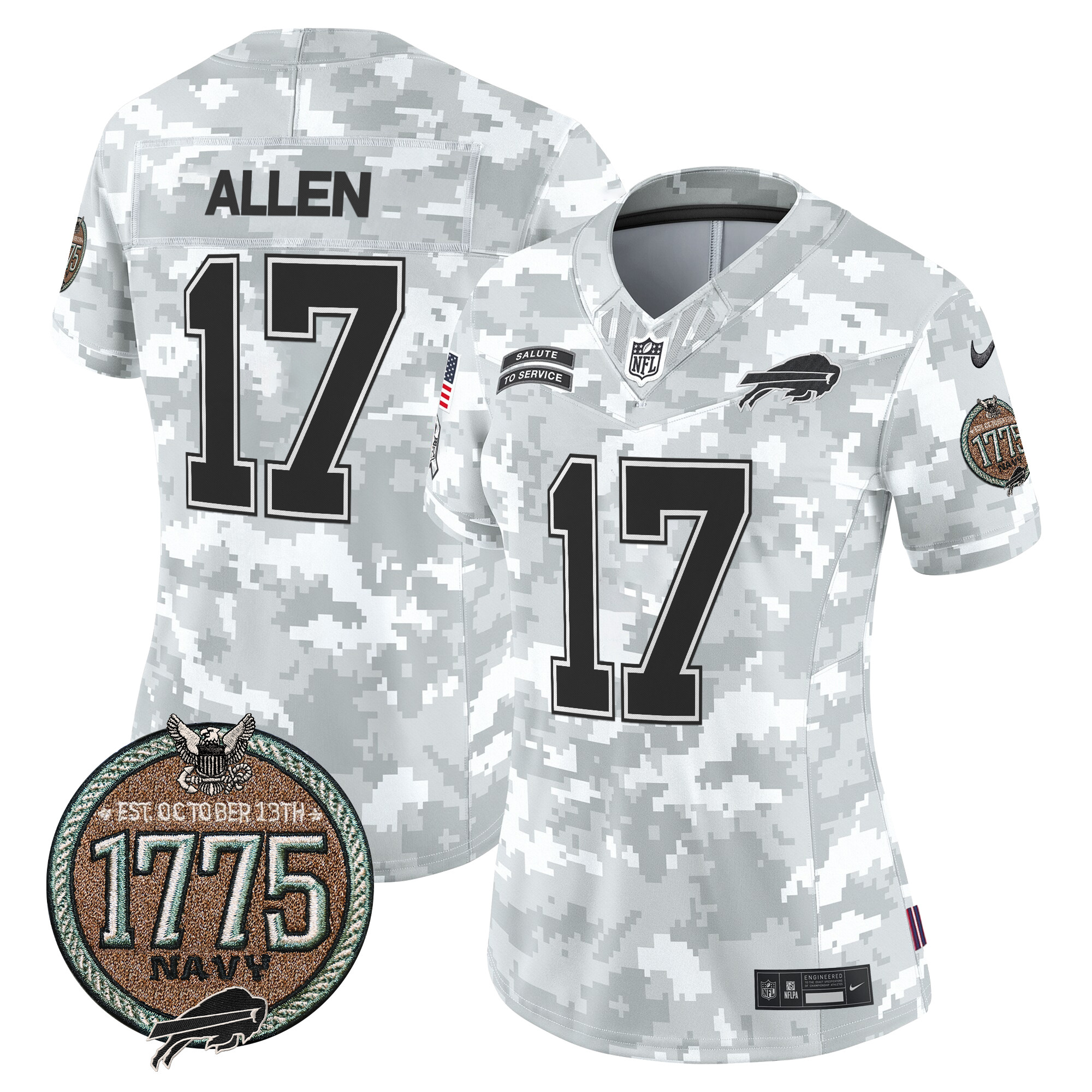 Josh Allen Women's Buffalo Bills 2024 Salute to Service Establishment Year Patch Vapor Limited Navy Jersey - All Stitched
